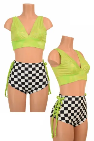 2PC Lime & Checkered Lace Up Set