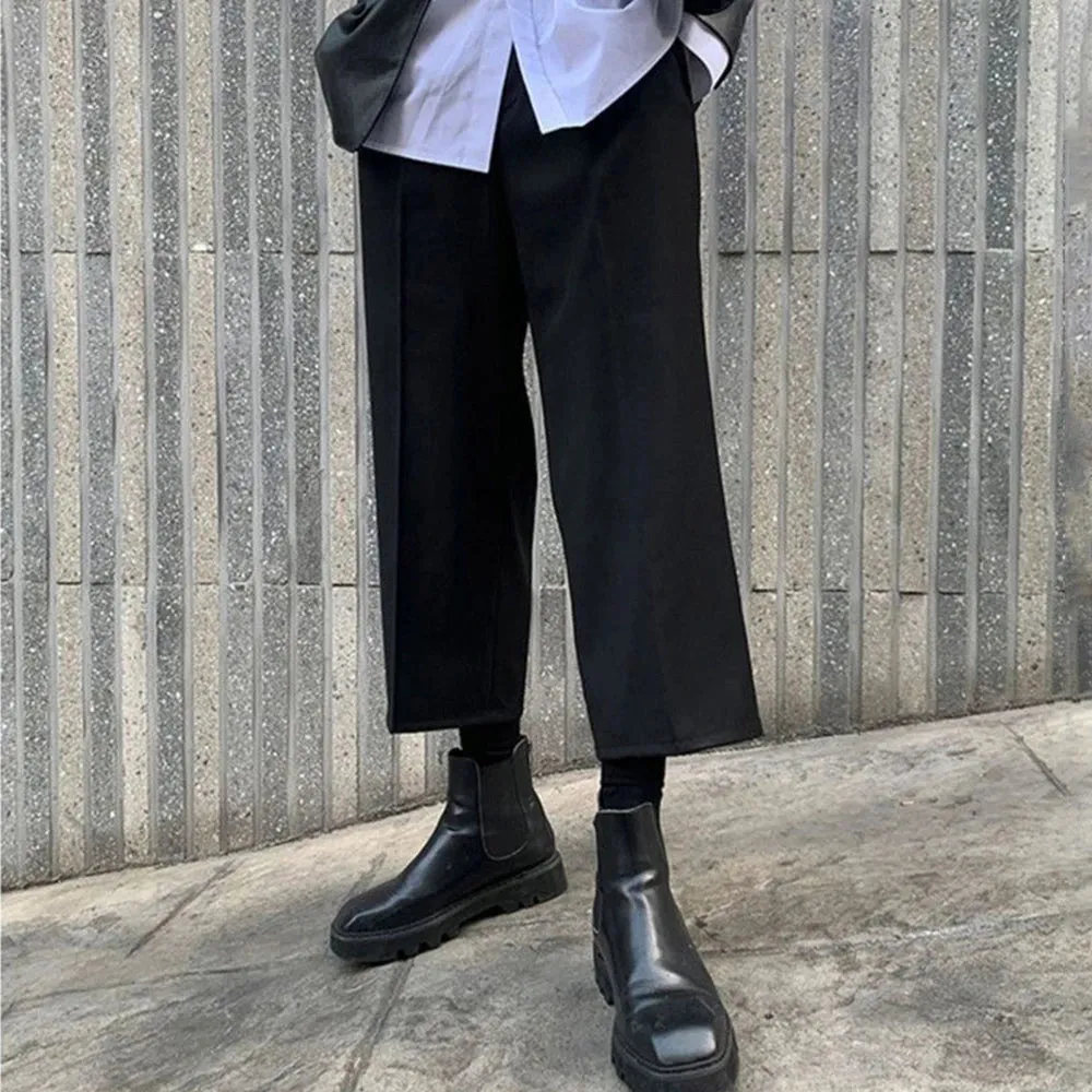 Aidase Mens Dark Style Casual Wide Leg Cropped Pants 2024 New Genderless Fashion Versatile Thin Retro Solid Color Suit Pants Unisex