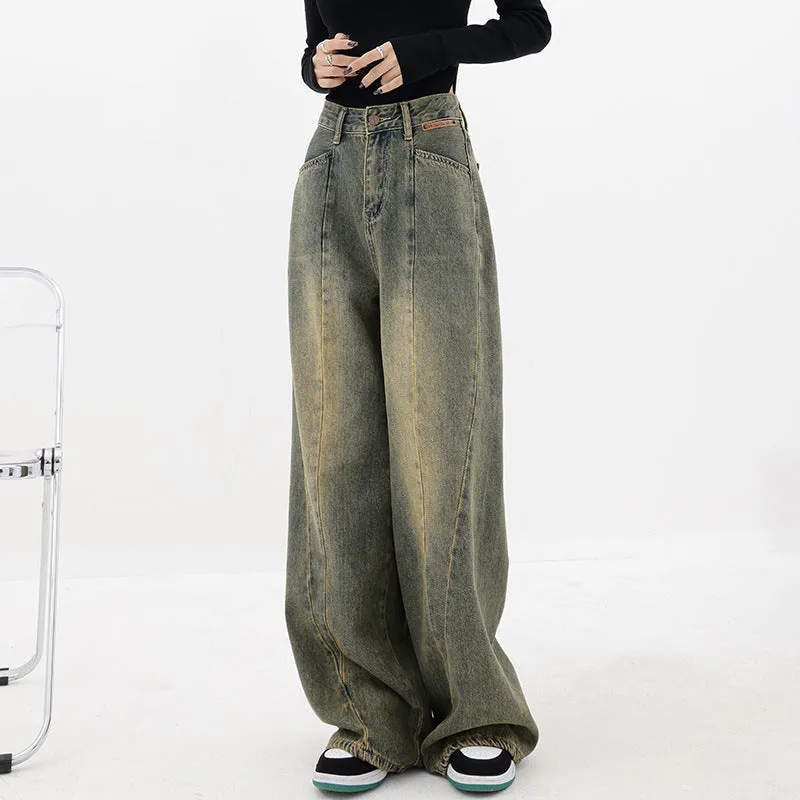 American Retro Distressed Straight-leg Pants Jeans Women's Summer Wide-leg