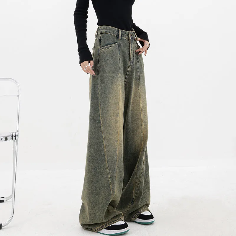 American Retro Distressed Straight-leg Pants Jeans Women's Summer Wide-leg