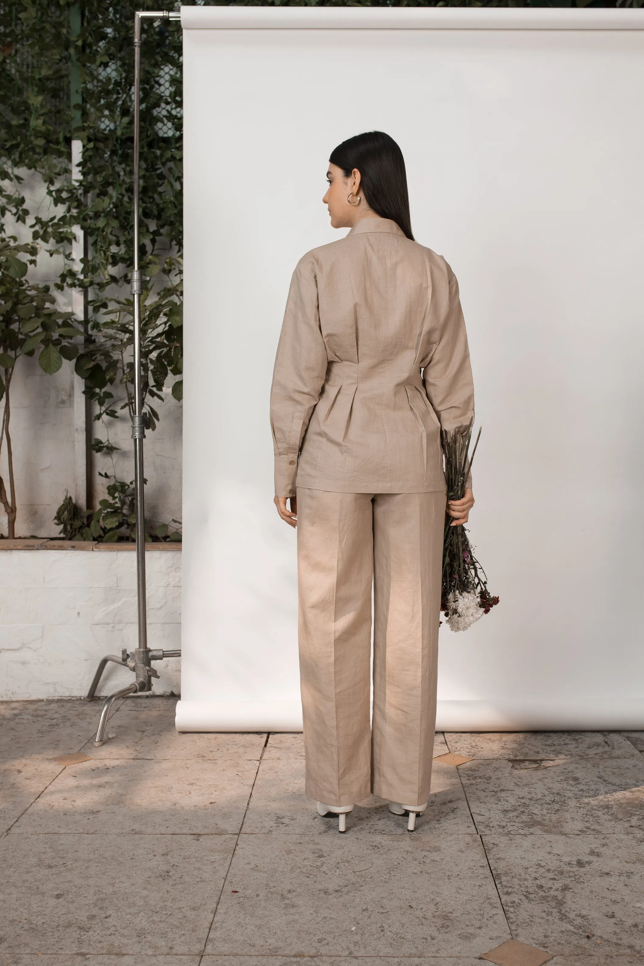 Beige Solid Tailored Pants