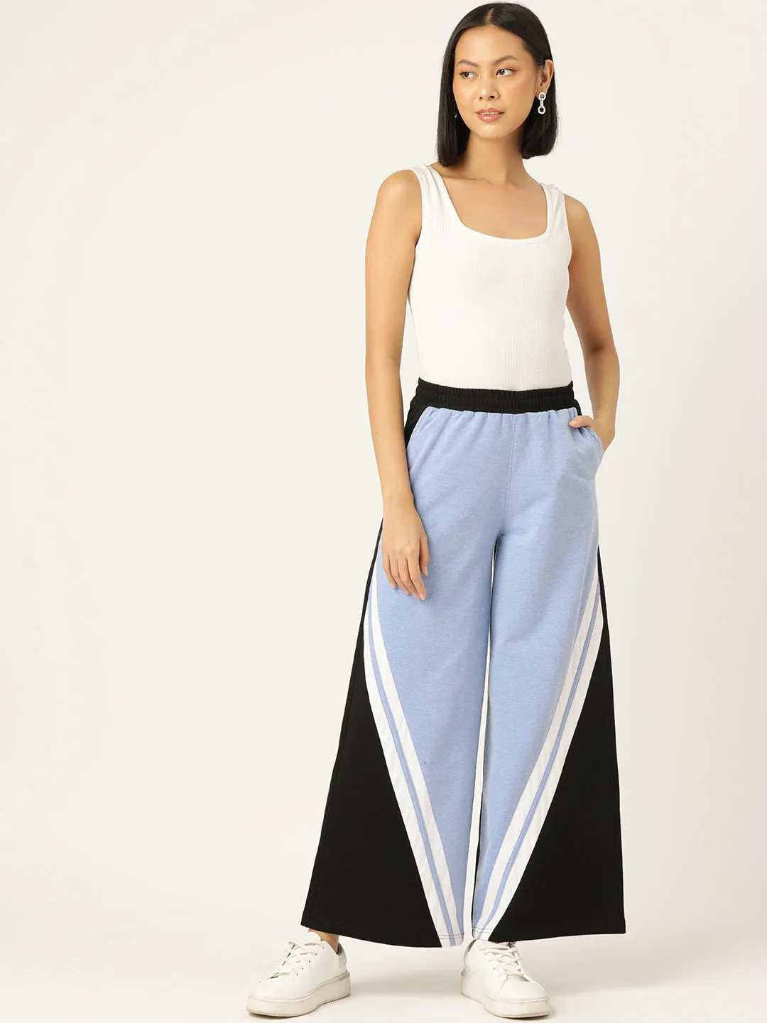 Black & Turquoise Blue Colourblocked Wide Leg Track Pants,has elasticated waistband with inner drawstring closure & 2 pockets