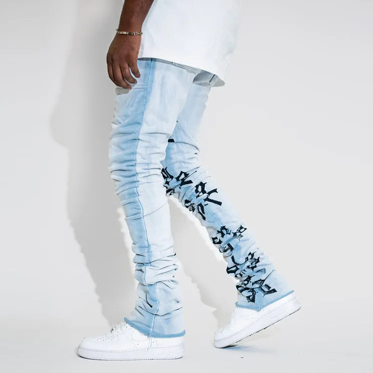 Casual street retro washed printed street stacked denim trousers