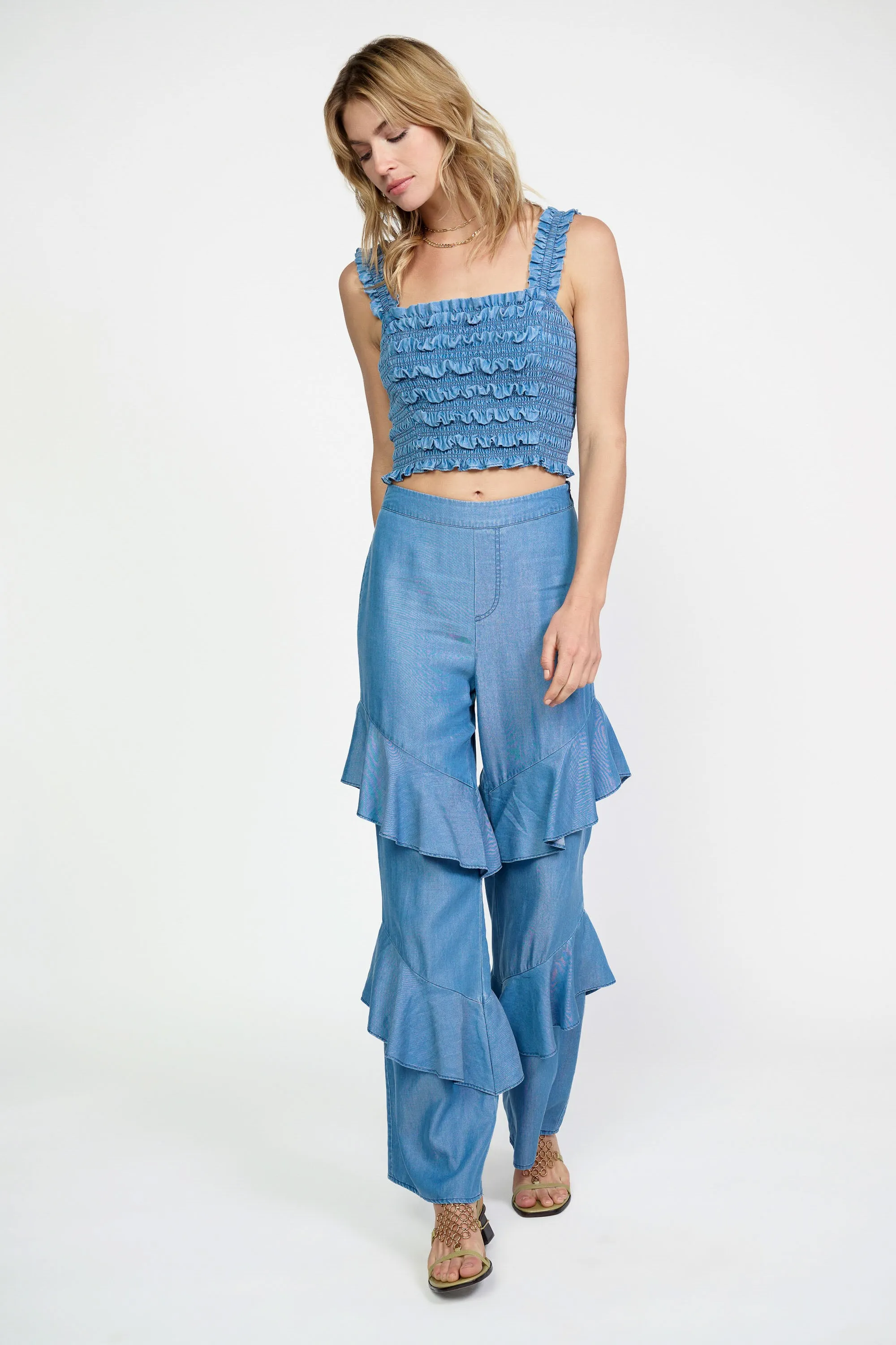 Chambray Smocked Crop Top