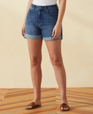 Classic Fit Raw Edge Cuffed Denim Short