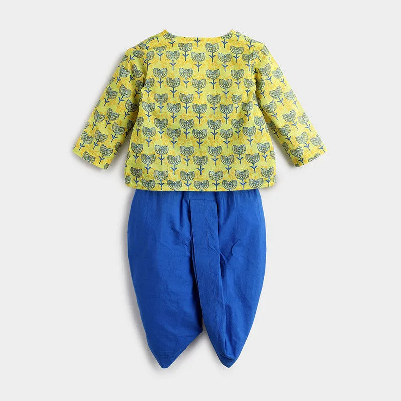 Cotton Dhoti Kurta Set For Baby | Blue Flower | Yellow