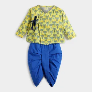 Cotton Dhoti Kurta Set For Baby | Blue Flower | Yellow