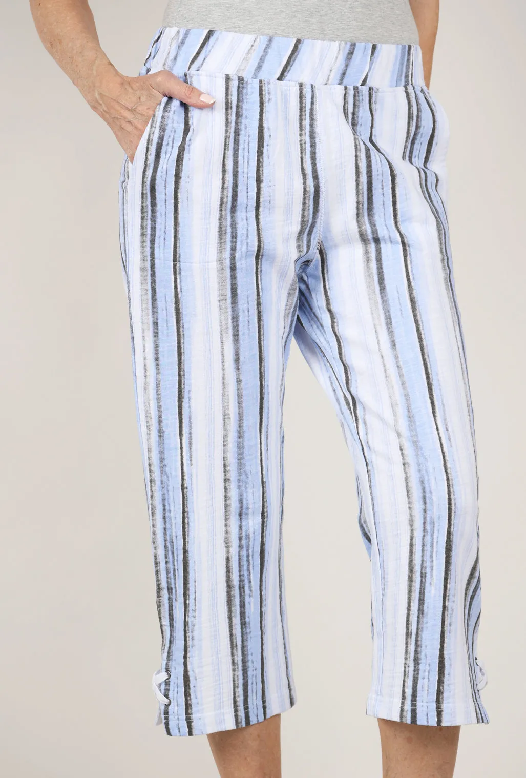 Distressed Stripe Capri Pant, Aster/White