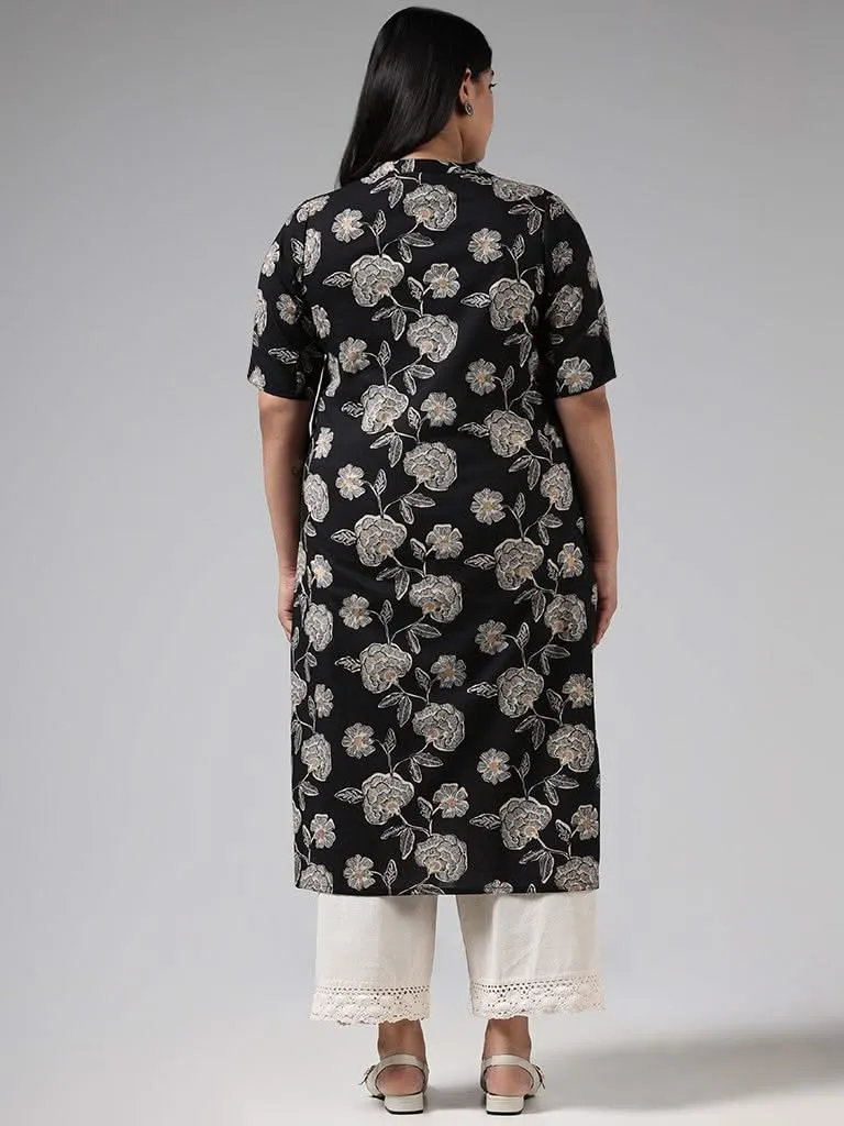 Diza Black Floral Printed Cotton Kurta