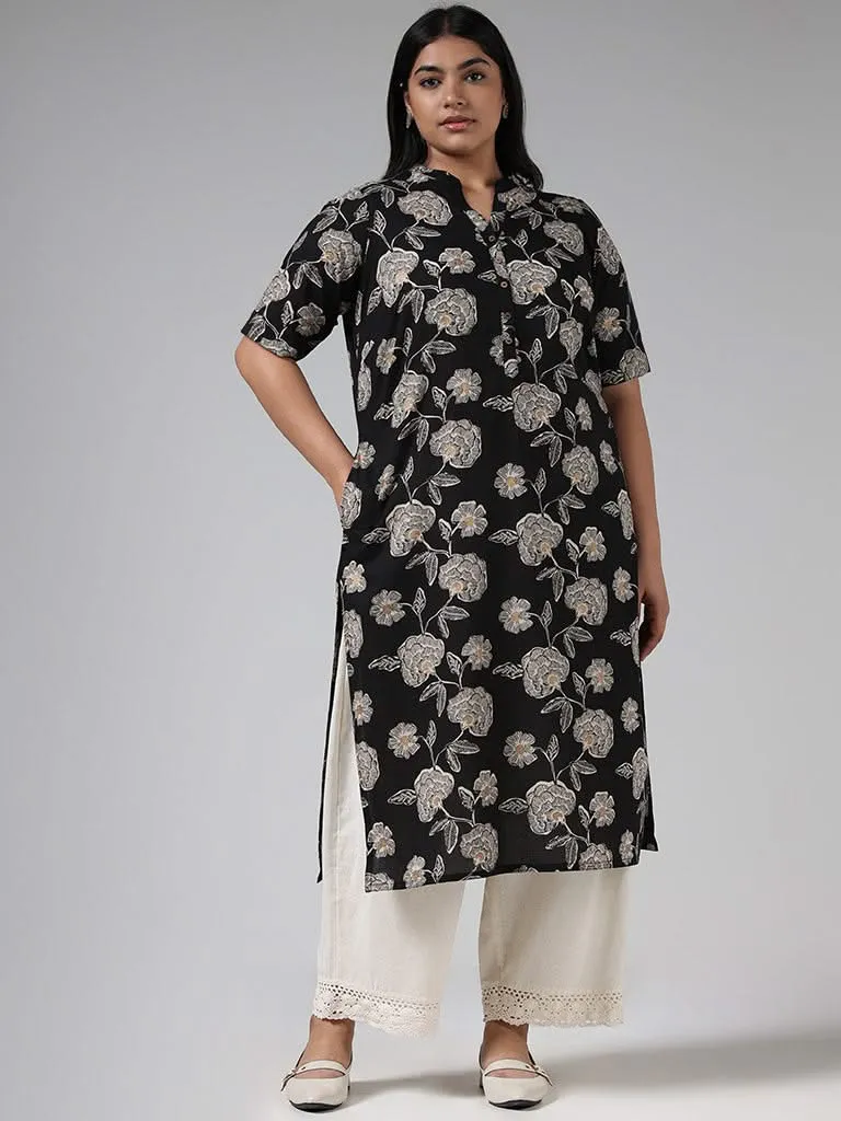 Diza Black Floral Printed Cotton Kurta