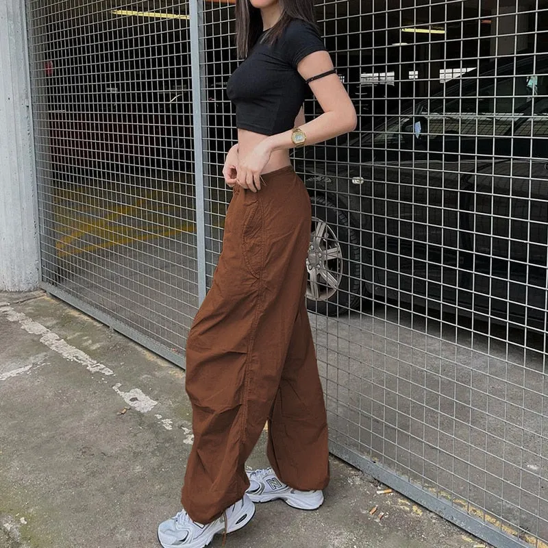 Fashionkova  Y2K Pink Cargo Pants Women 2022 Loose Drawstring Low Waist Sweatpant Baggy Wide Leg Trousers Oversized Joggers Hippie Streetwear