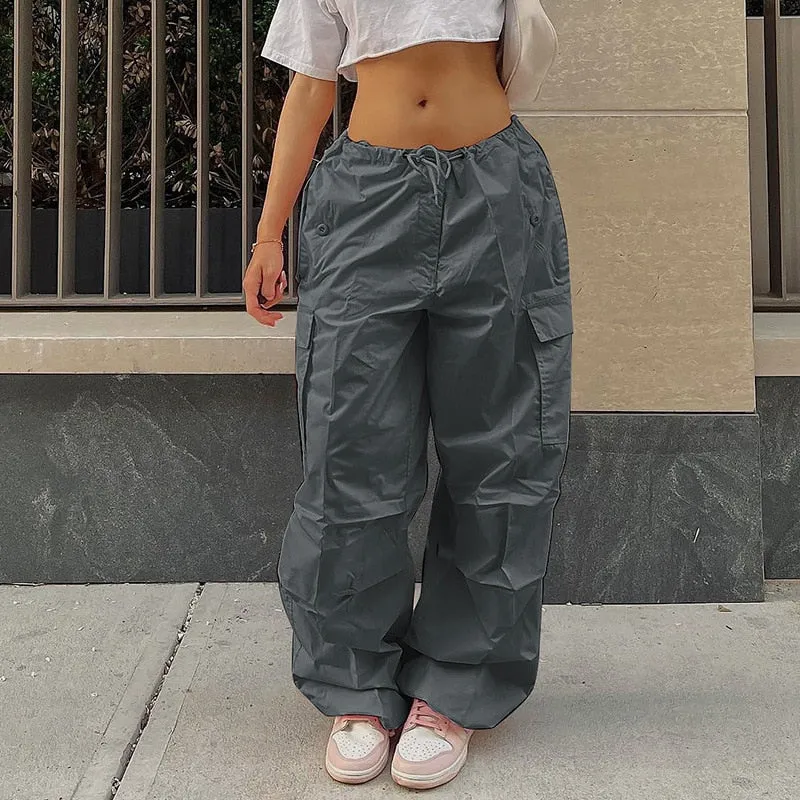 Fashionkova  Y2K Pink Cargo Pants Women 2022 Loose Drawstring Low Waist Sweatpant Baggy Wide Leg Trousers Oversized Joggers Hippie Streetwear