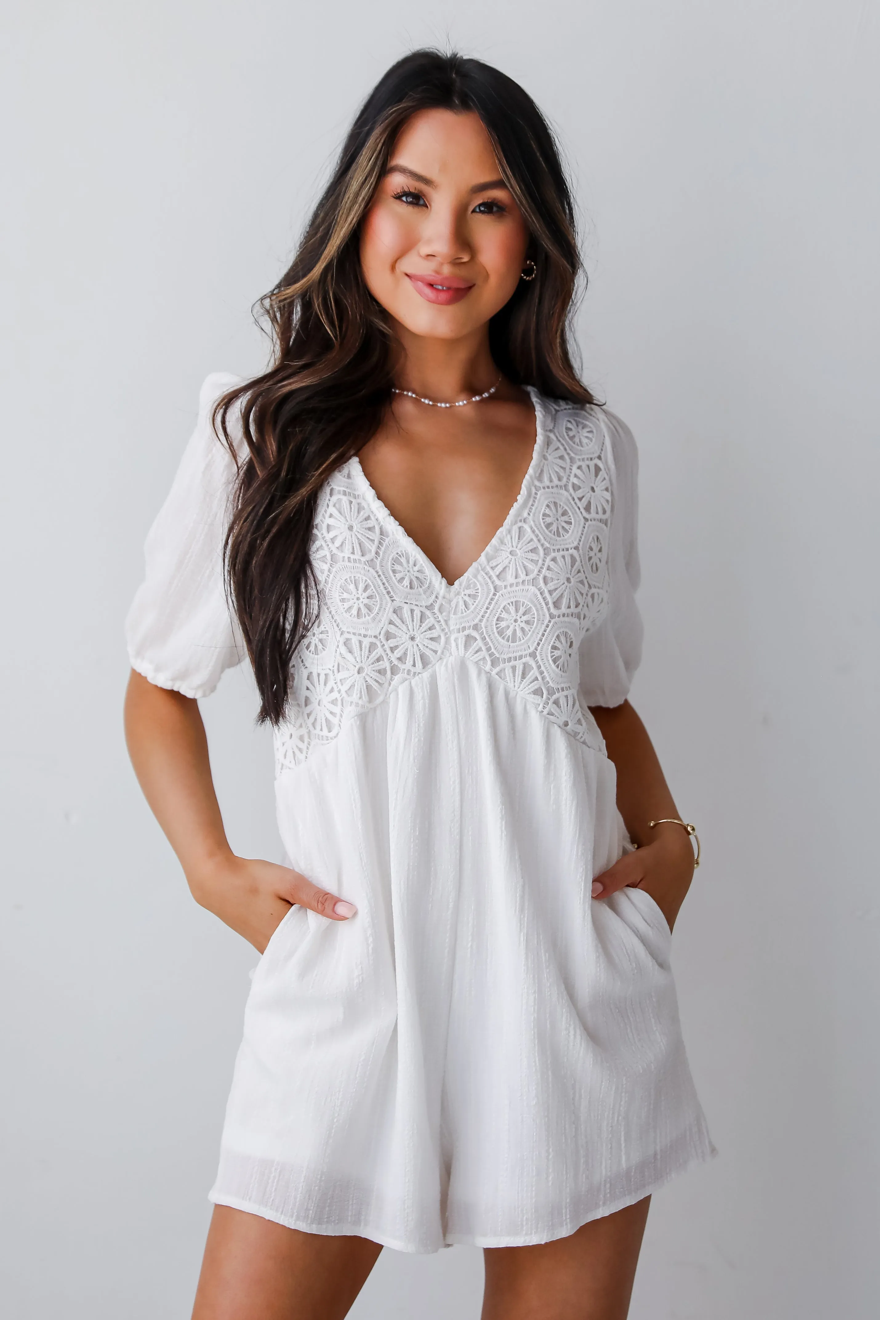 FINAL SALE - Precious Disposition White Crochet Romper