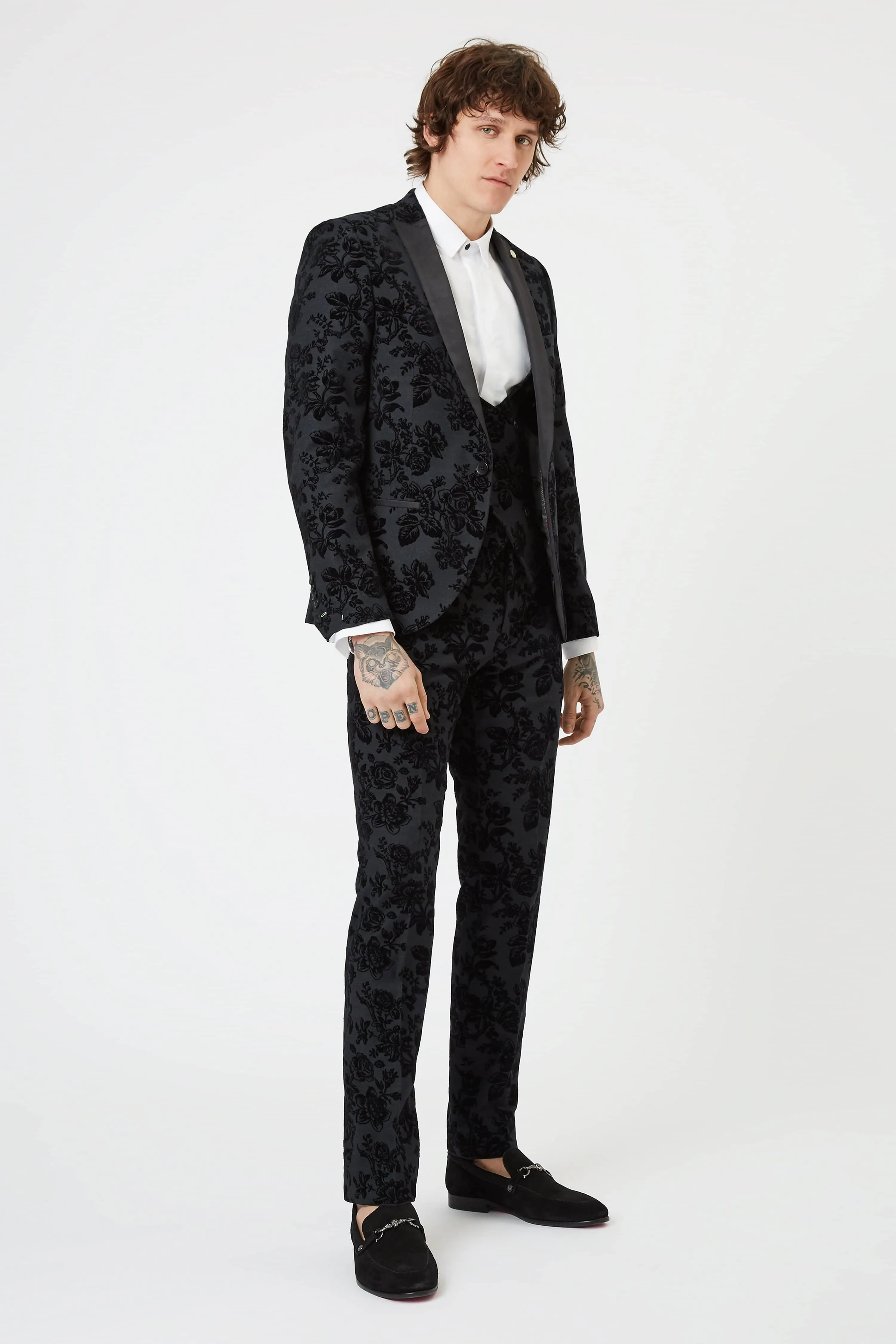 Fleet Skinny Fit Black Floral Tuxedo Trousers