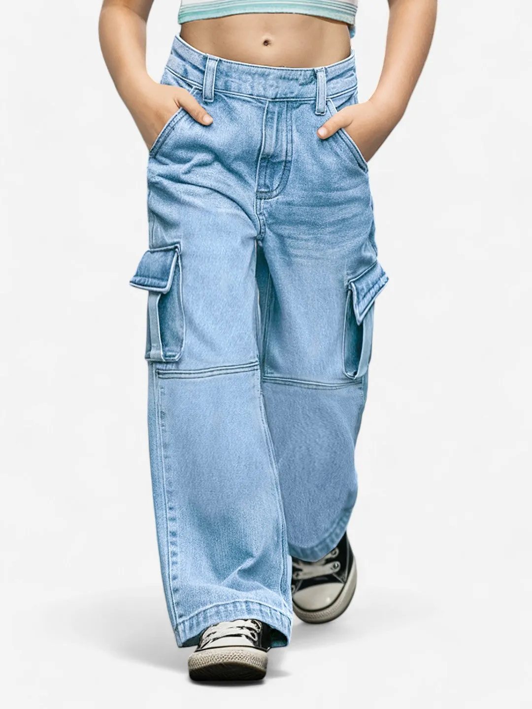 Girls Denim Flared Cargo