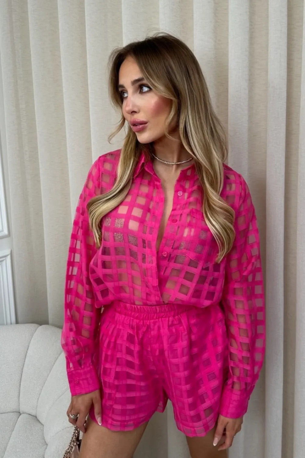 Hattie pink sheer gingham blouse and shorts co-ord