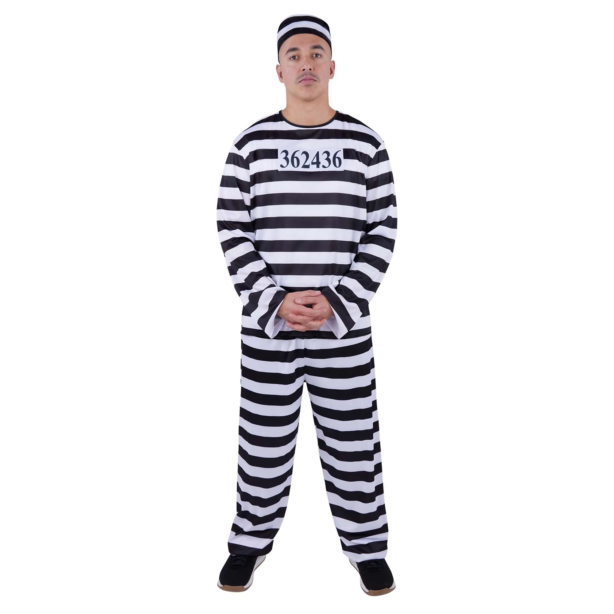 Jailbird Costume for Plus Size Adults, Black and White Striped Pants and Top