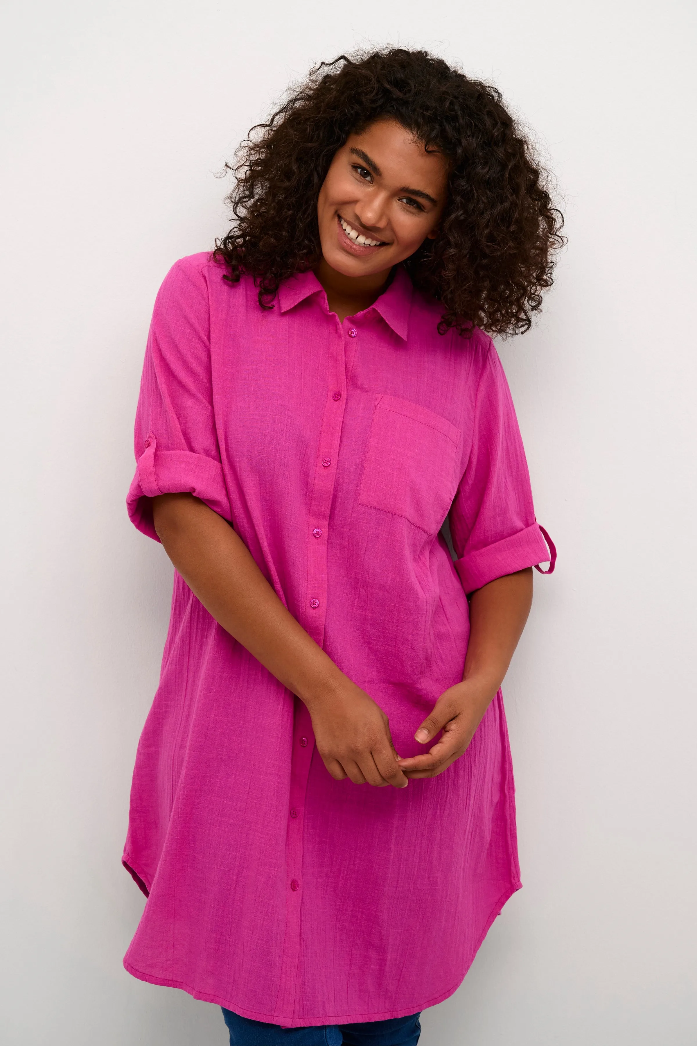 Kaffe Curve Paula Long Shirt In Pink