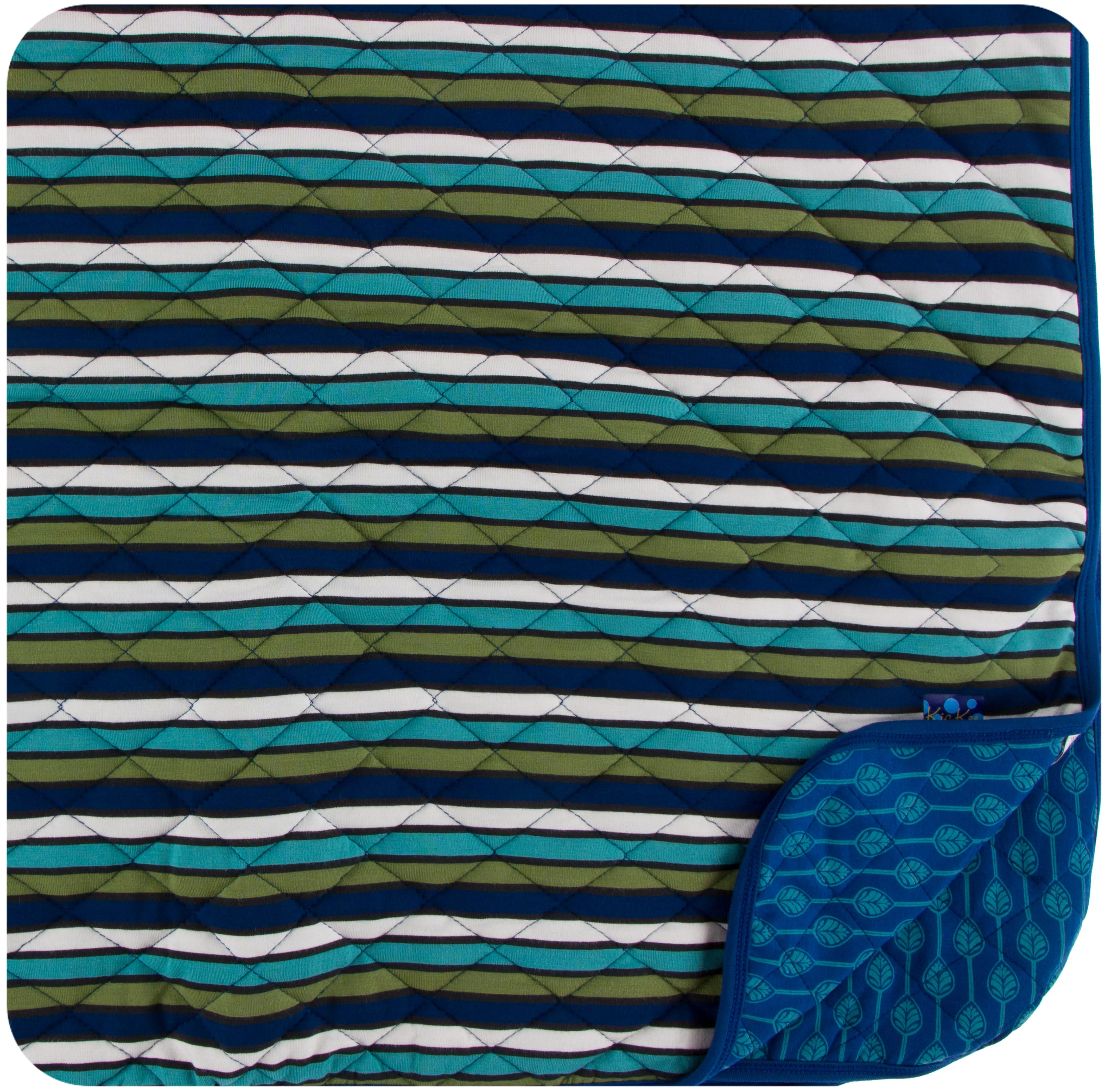 KicKee Pants Botany Grasshopper Stripe/Navy Leaf Lattice Quilted Toddler Blanket