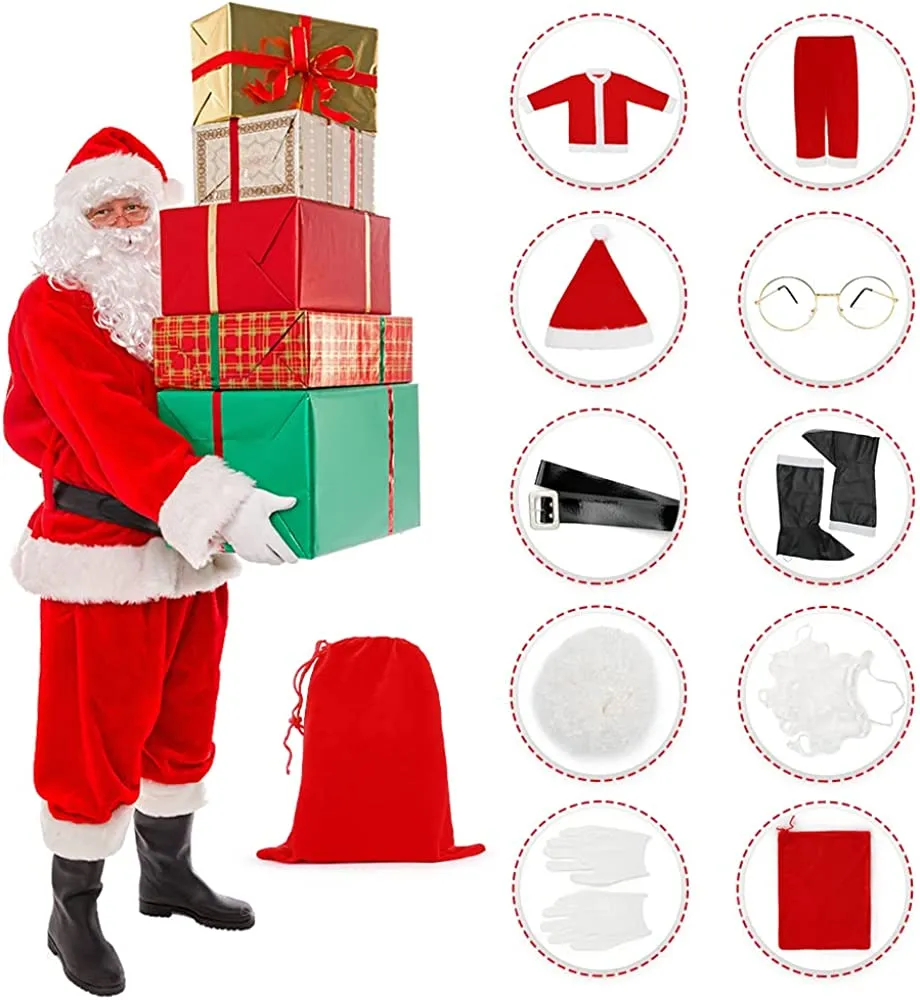 Men's Santa Claus Costumes 10-pc, L-XXL