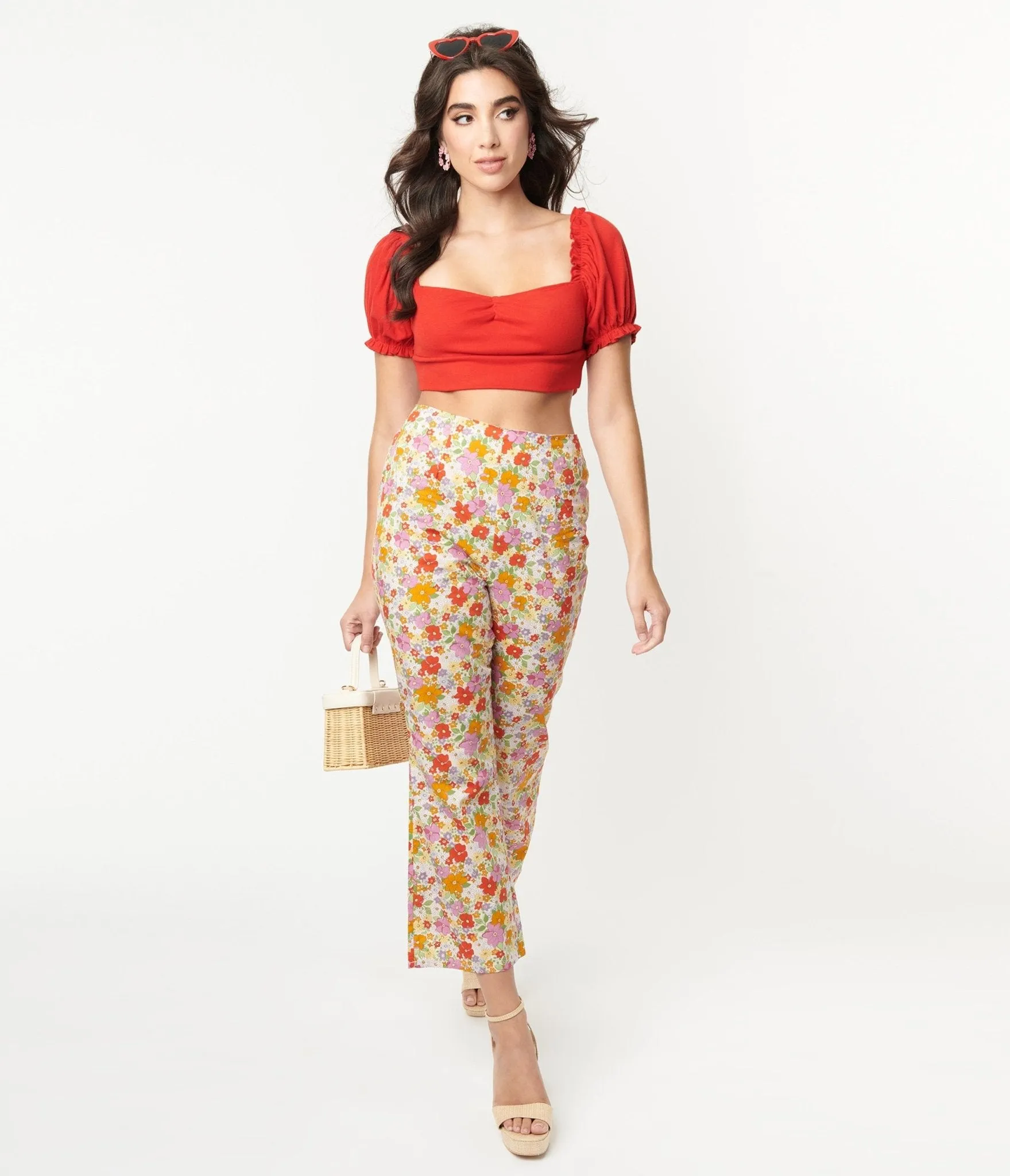 Multicolor Retro Floral Flare Pants