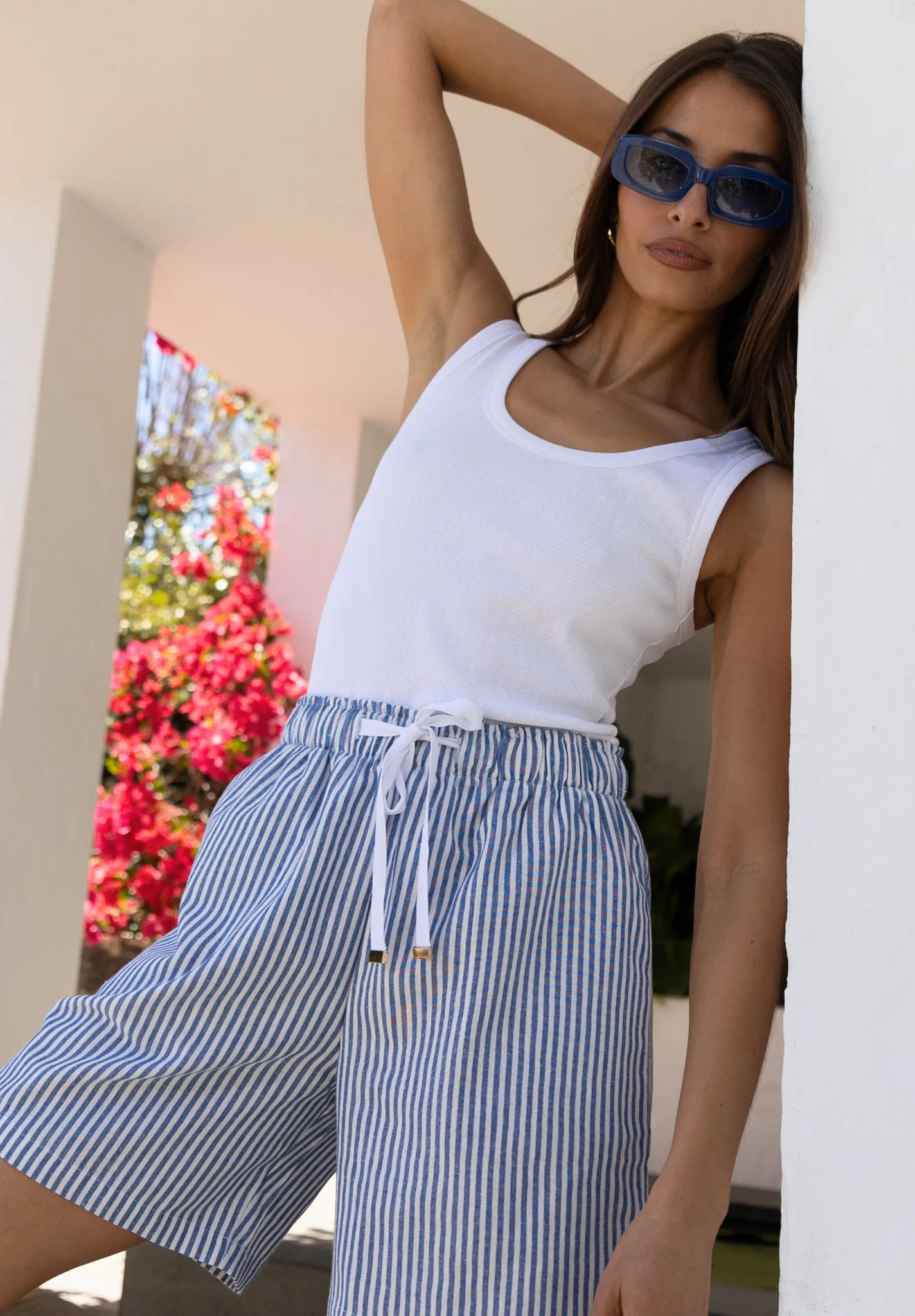 Panthea Navy Blue Stripes Linen Shorts