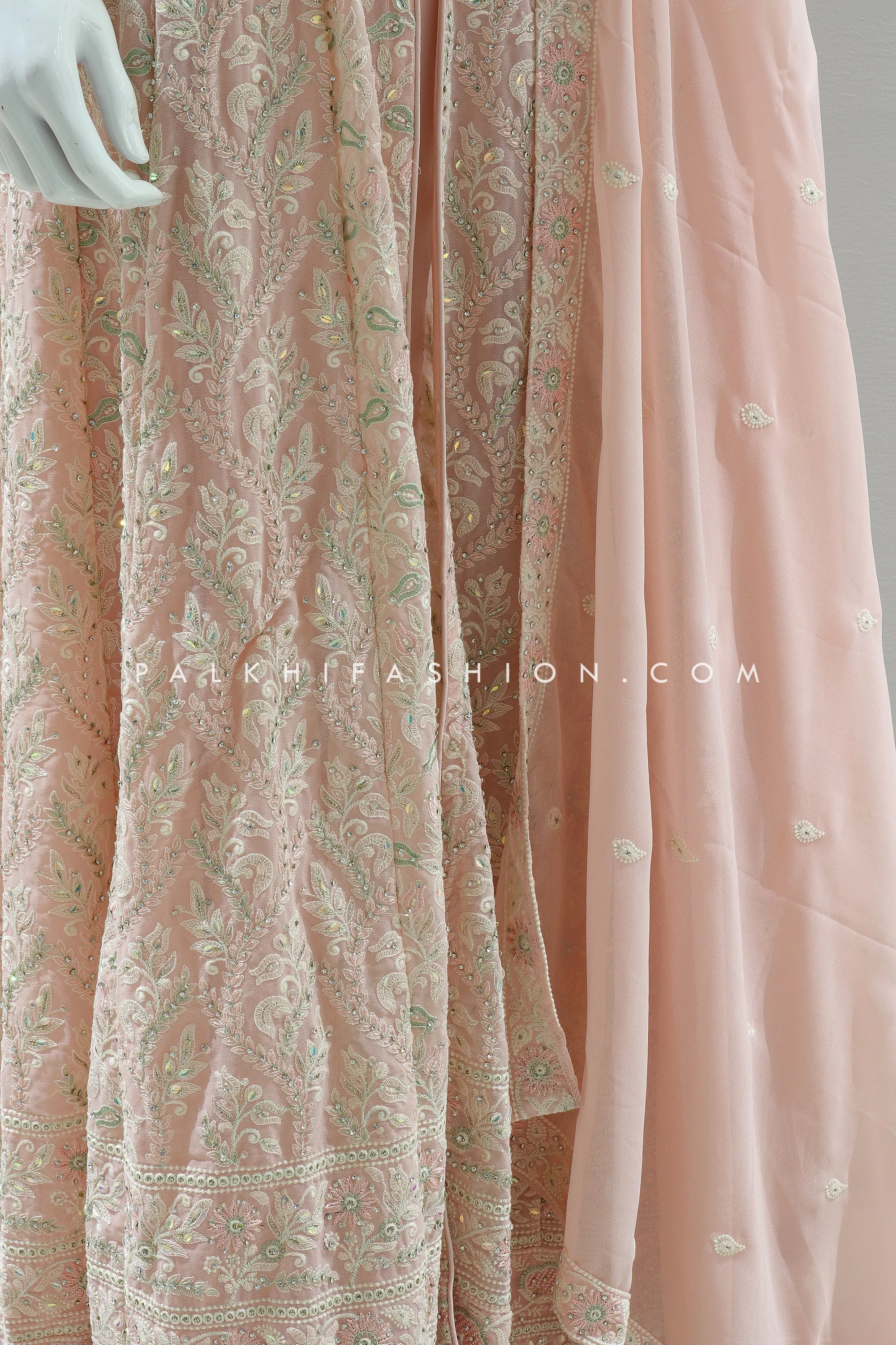 Peach Georgette Palazzo Ensemble with Petite Stones and Chikankari Detailing