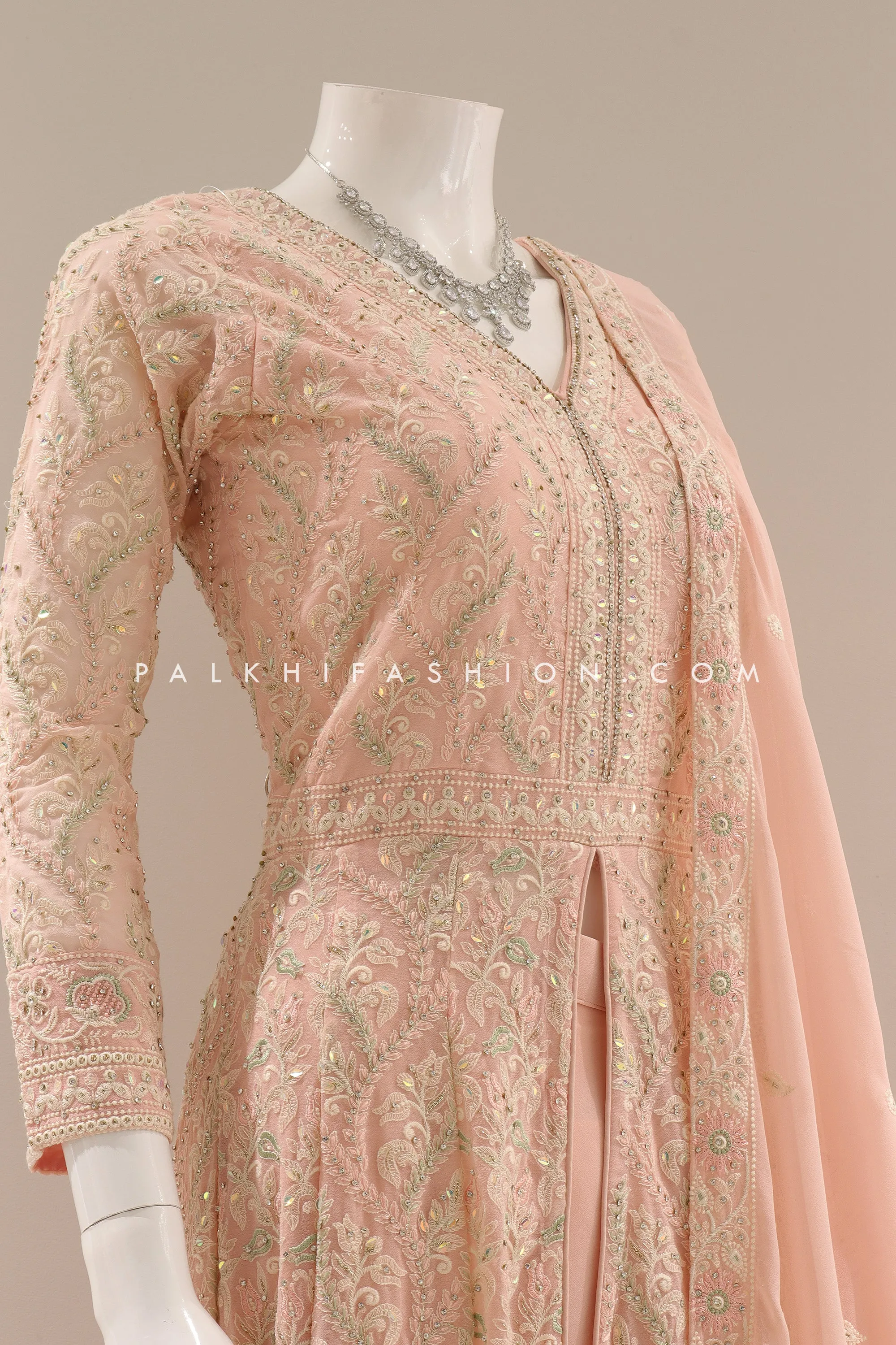 Peach Georgette Palazzo Ensemble with Petite Stones and Chikankari Detailing