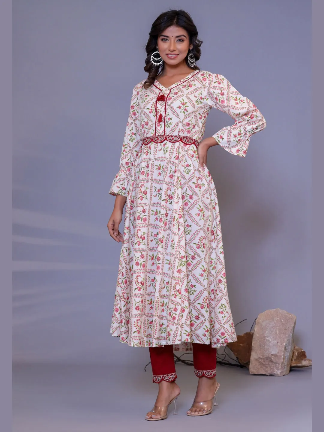 Pure Cotton Flared Anarkali Kurta with Embroidered Pants