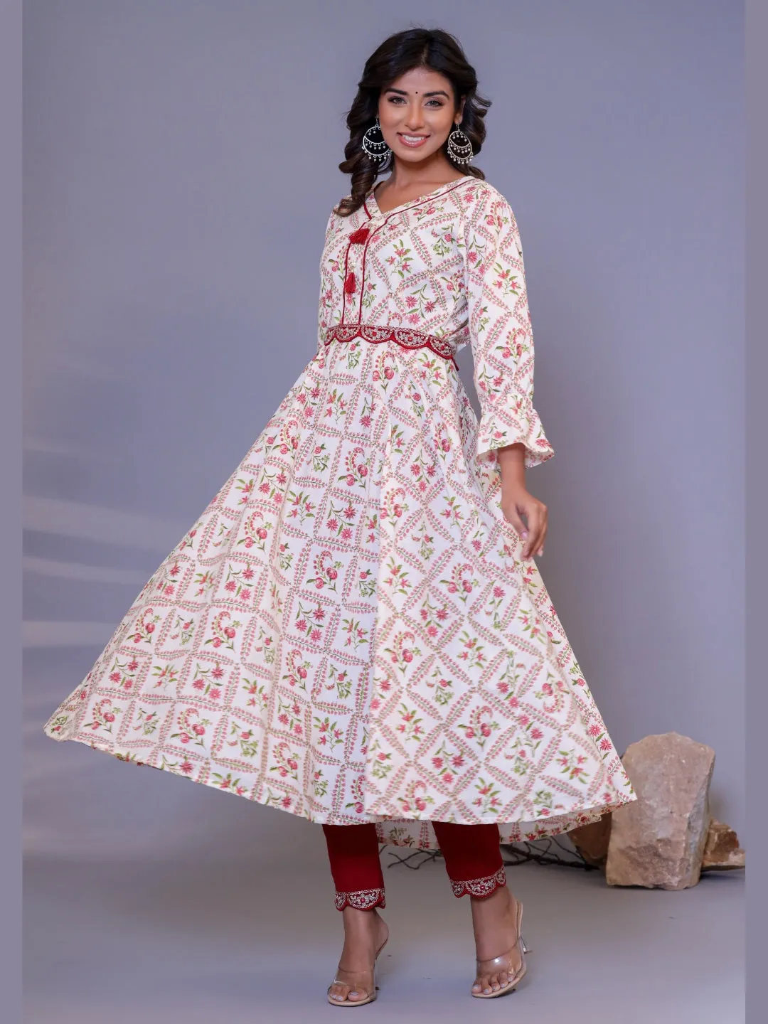 Pure Cotton Flared Anarkali Kurta with Embroidered Pants