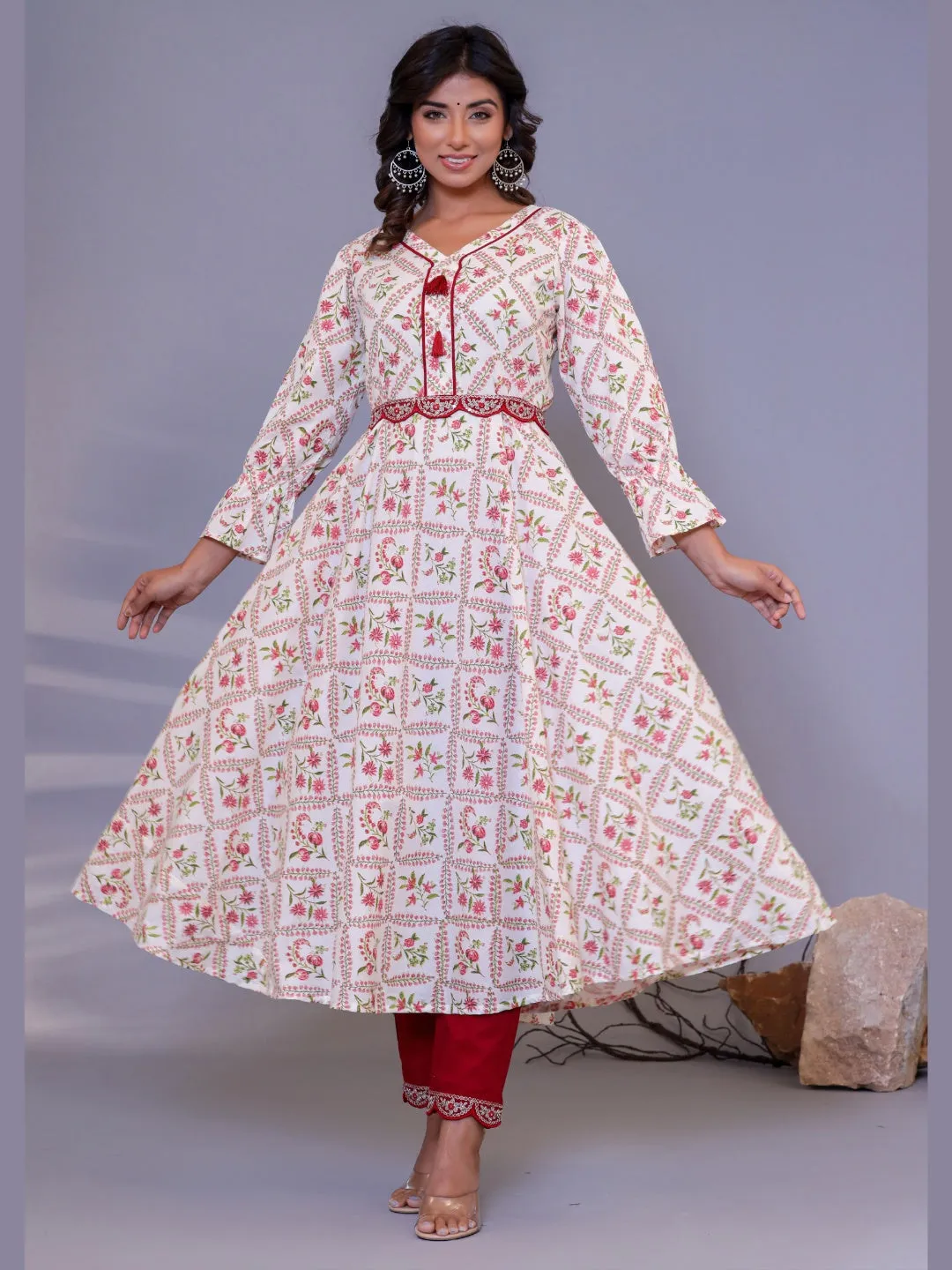 Pure Cotton Flared Anarkali Kurta with Embroidered Pants