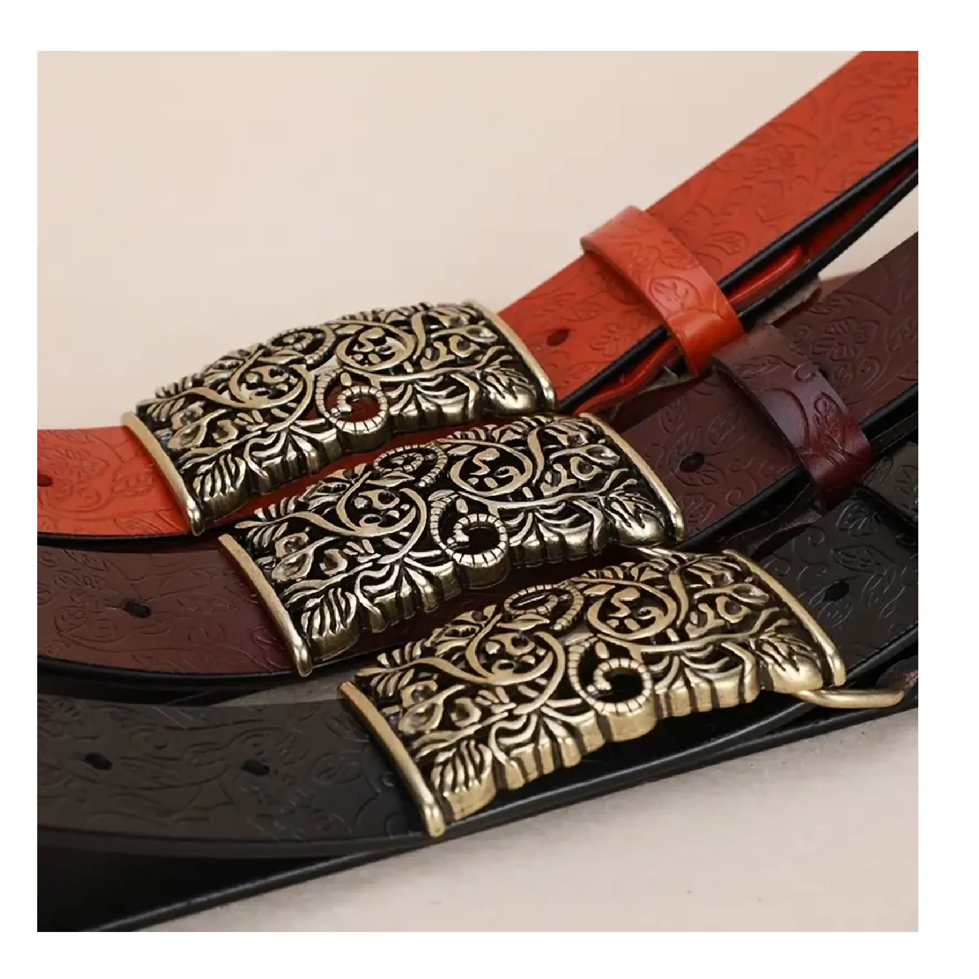 Retro Embossed Cowhide Leather Belt Wide Belts Engraved Square Buckle Women's Leather Pants Jeans Belt