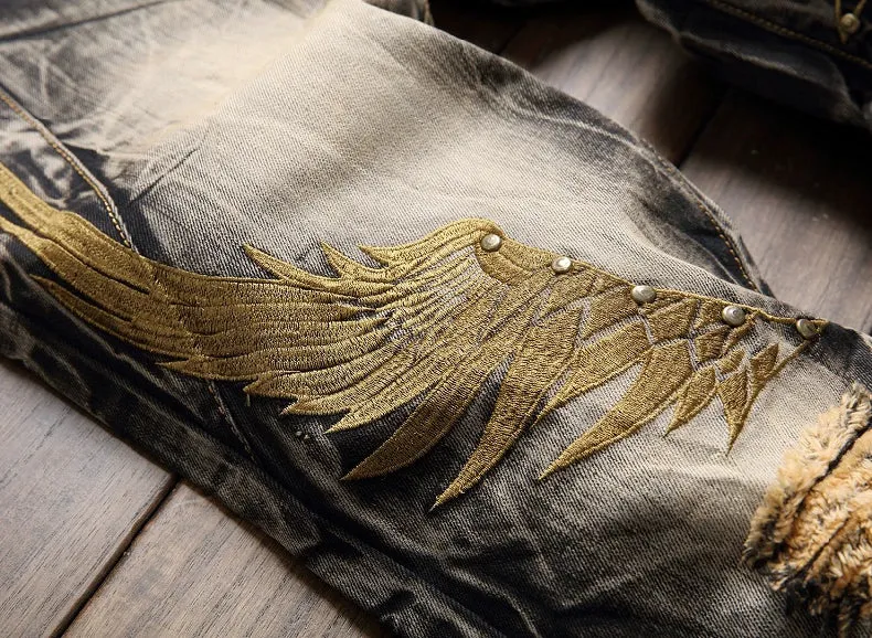 Retro Embroidered Wings Distressed Nostalgic Jeans