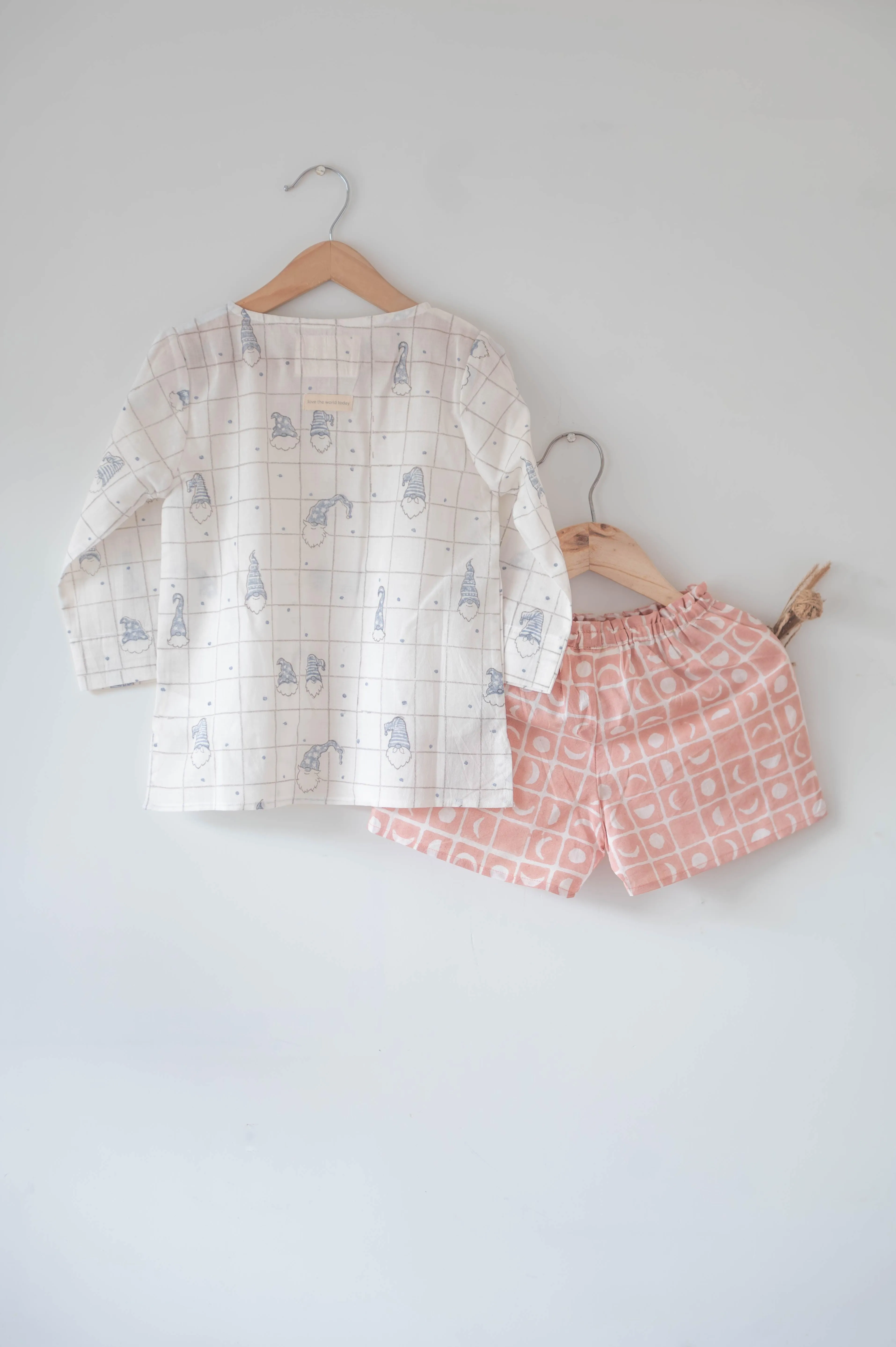 Sleepover Party’ unisex checkered powder blue elves full sleeve kurta and shorts set in peach moon chase hand block print