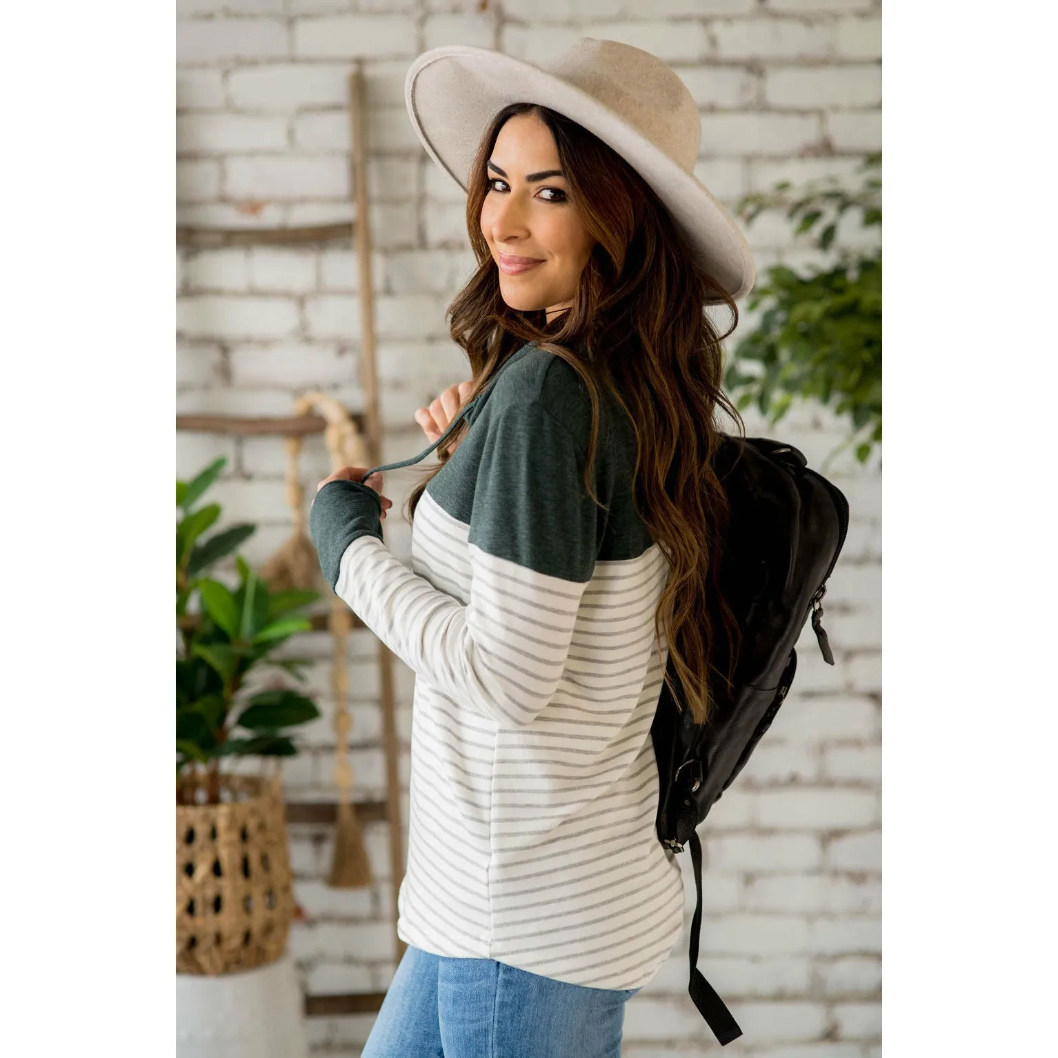 Solid Shoulder Striped Cowl Neck Sweatshirt