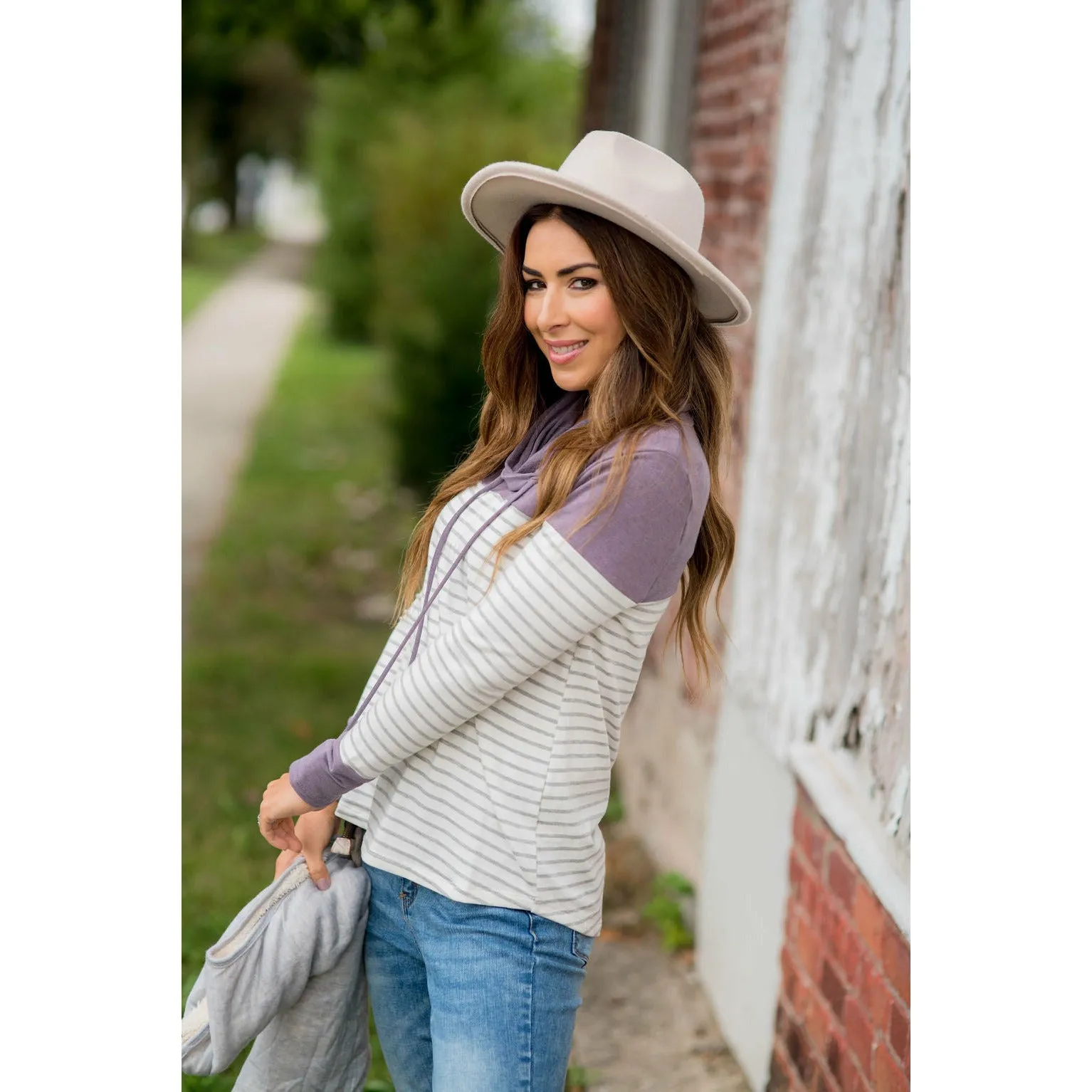 Solid Shoulder Striped Cowl Neck Sweatshirt