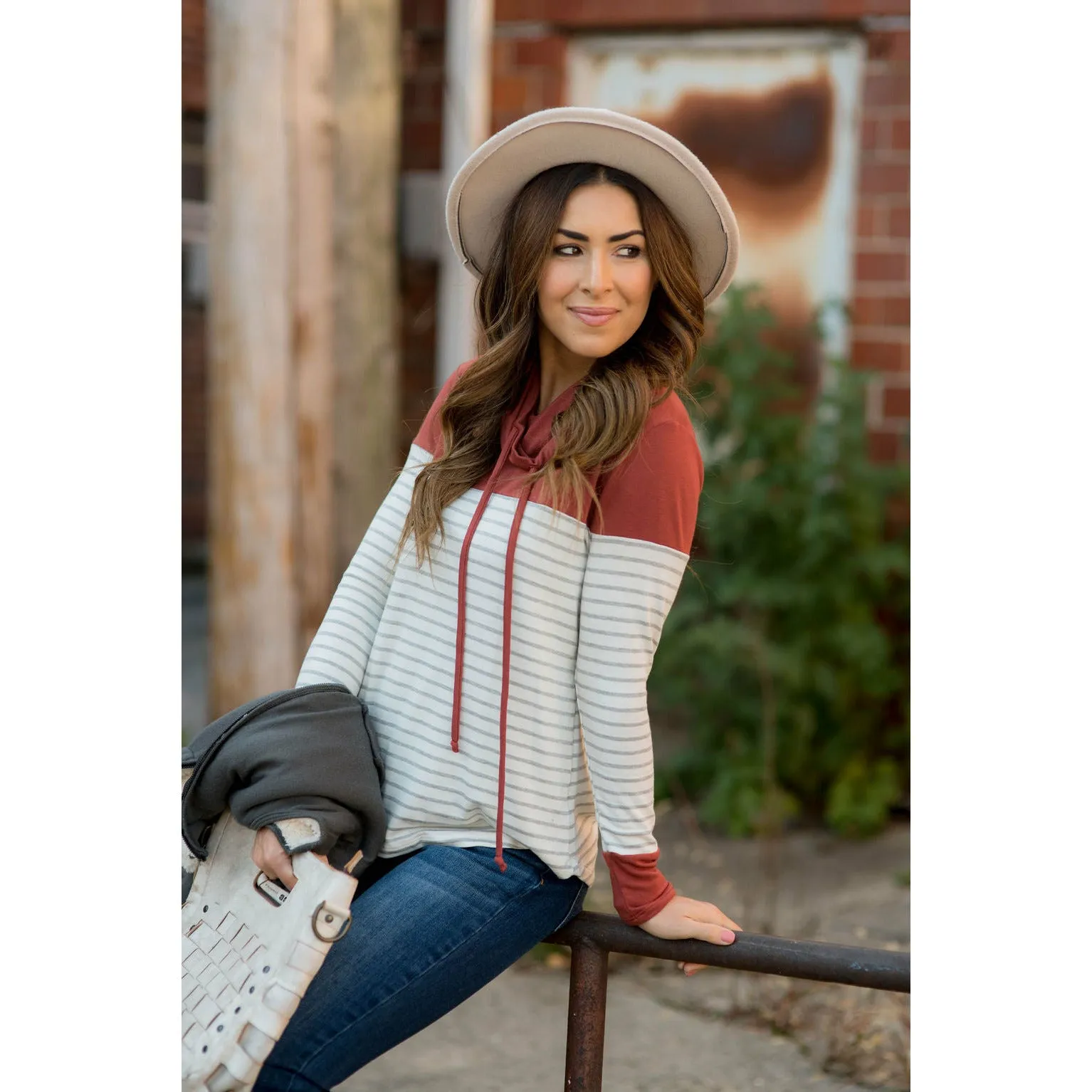 Solid Shoulder Striped Cowl Neck Sweatshirt