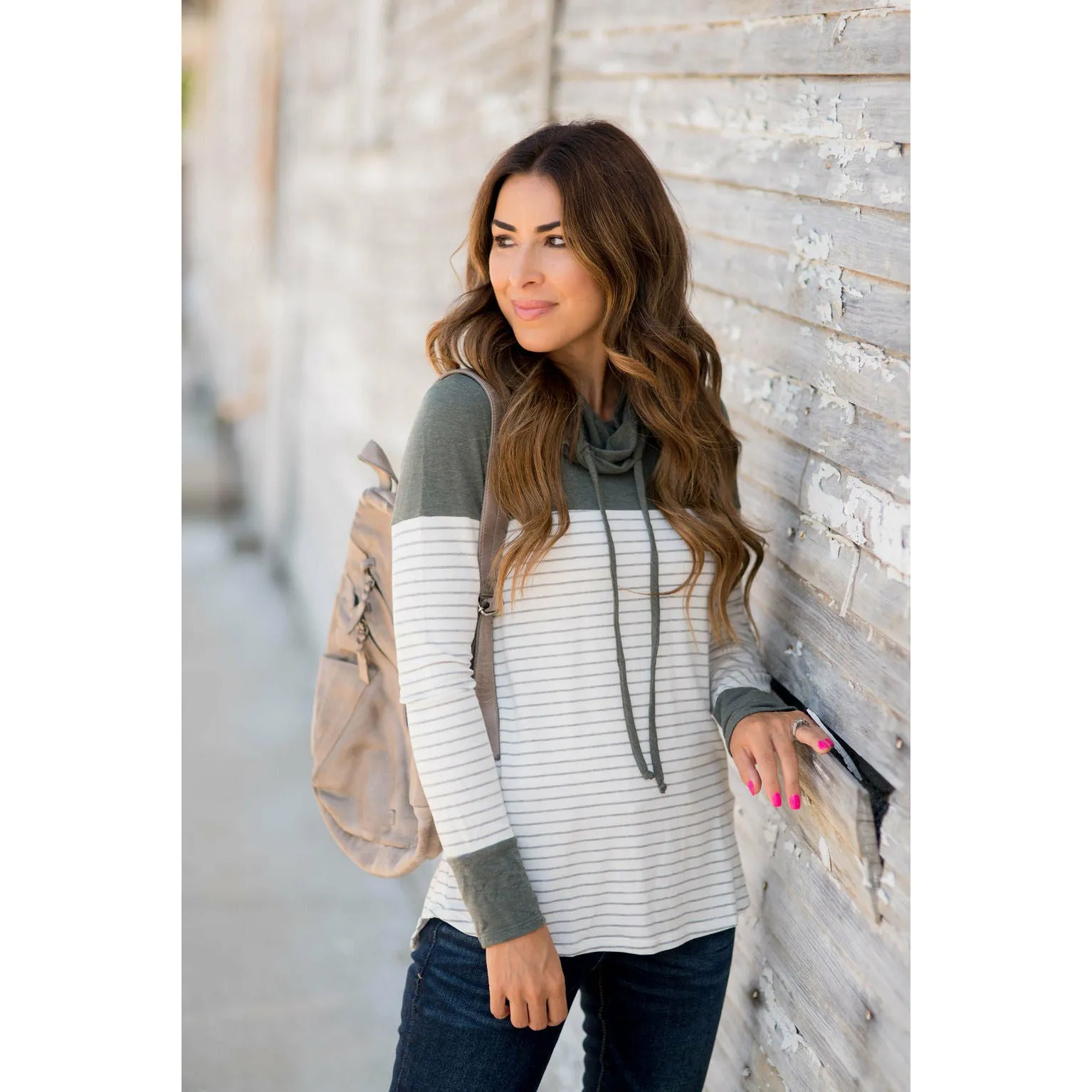 Solid Shoulder Striped Cowl Neck Sweatshirt