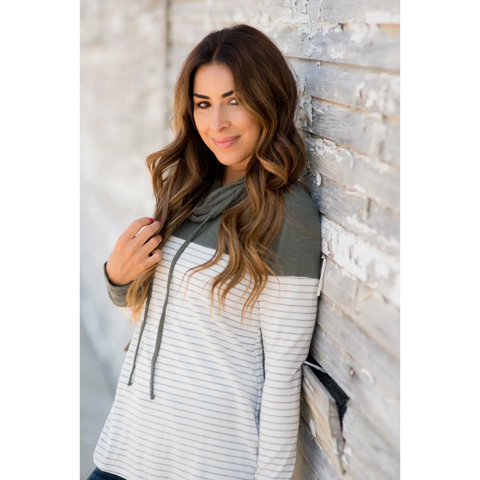 Solid Shoulder Striped Cowl Neck Sweatshirt