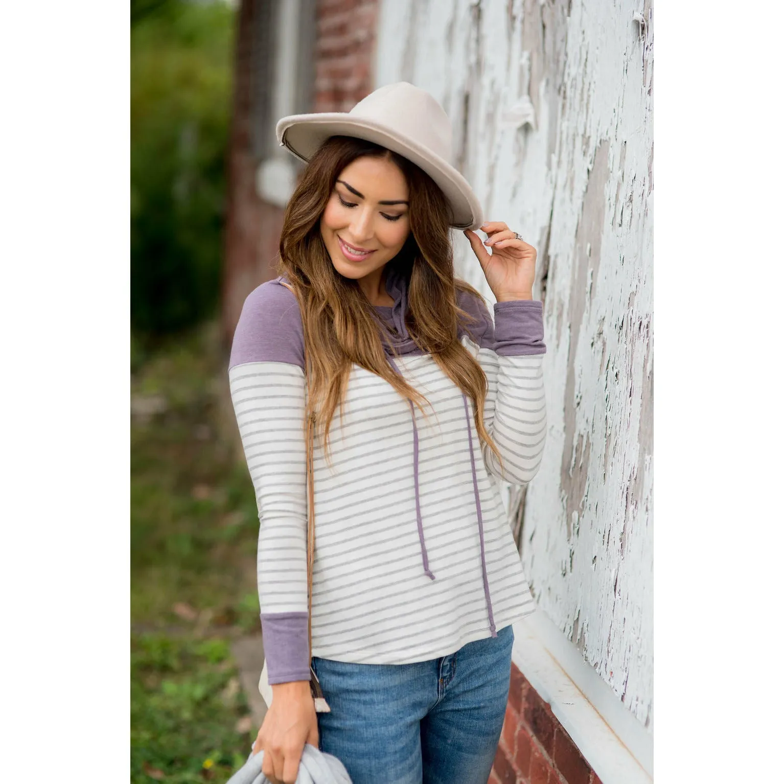 Solid Shoulder Striped Cowl Neck Sweatshirt