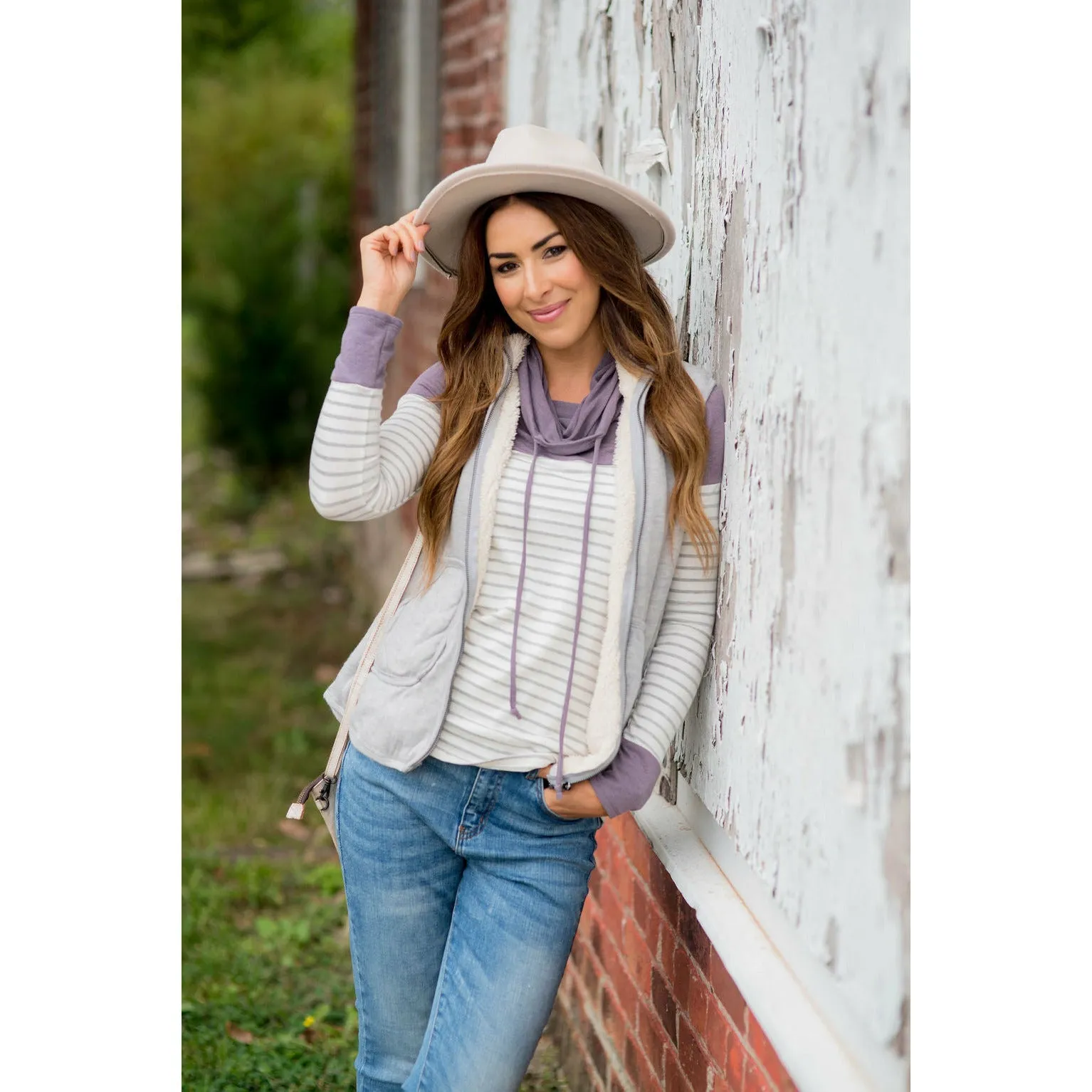 Solid Shoulder Striped Cowl Neck Sweatshirt