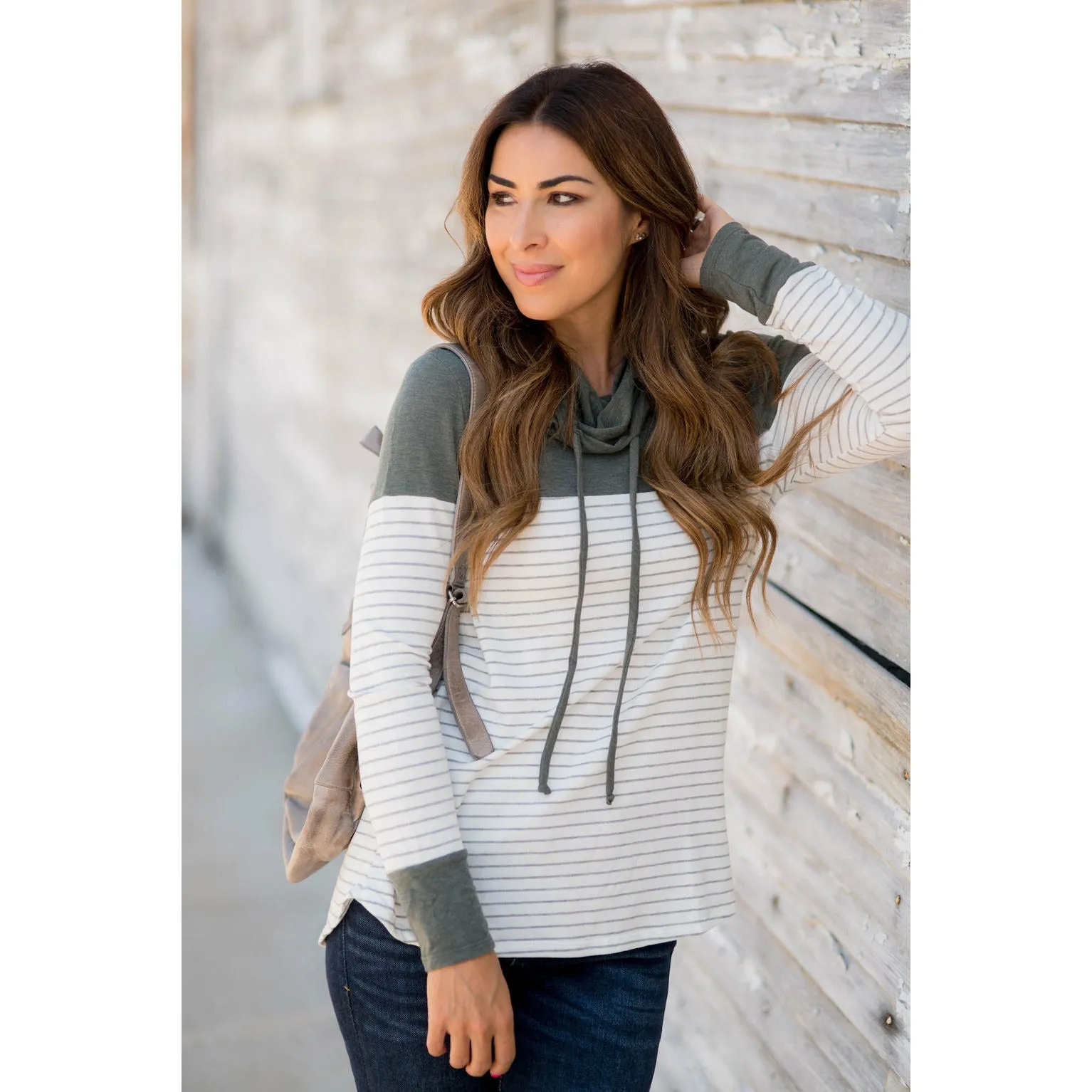 Solid Shoulder Striped Cowl Neck Sweatshirt