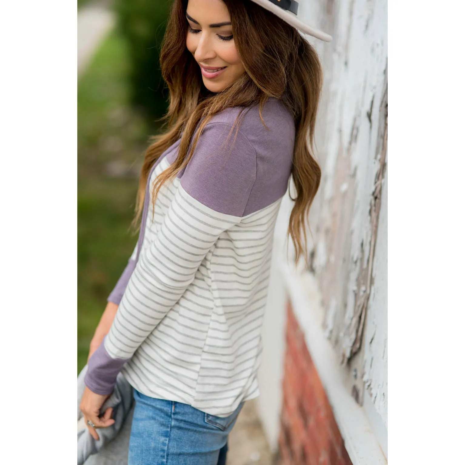 Solid Shoulder Striped Cowl Neck Sweatshirt