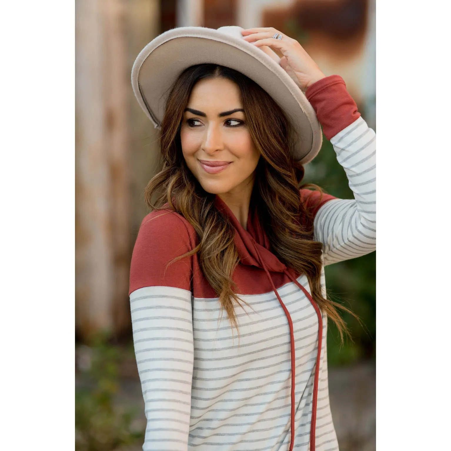 Solid Shoulder Striped Cowl Neck Sweatshirt