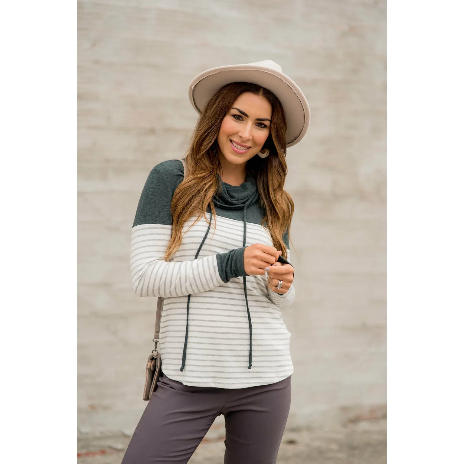 Solid Shoulder Striped Cowl Neck Sweatshirt