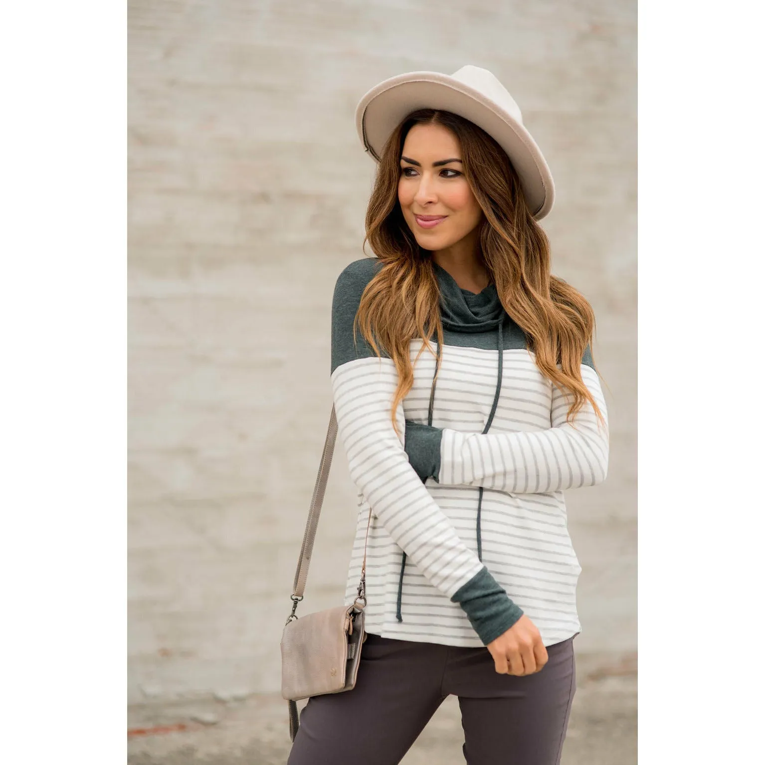 Solid Shoulder Striped Cowl Neck Sweatshirt