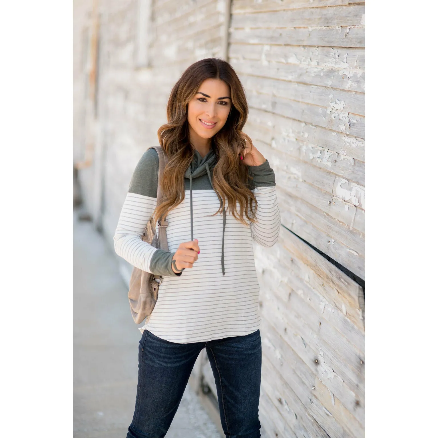 Solid Shoulder Striped Cowl Neck Sweatshirt