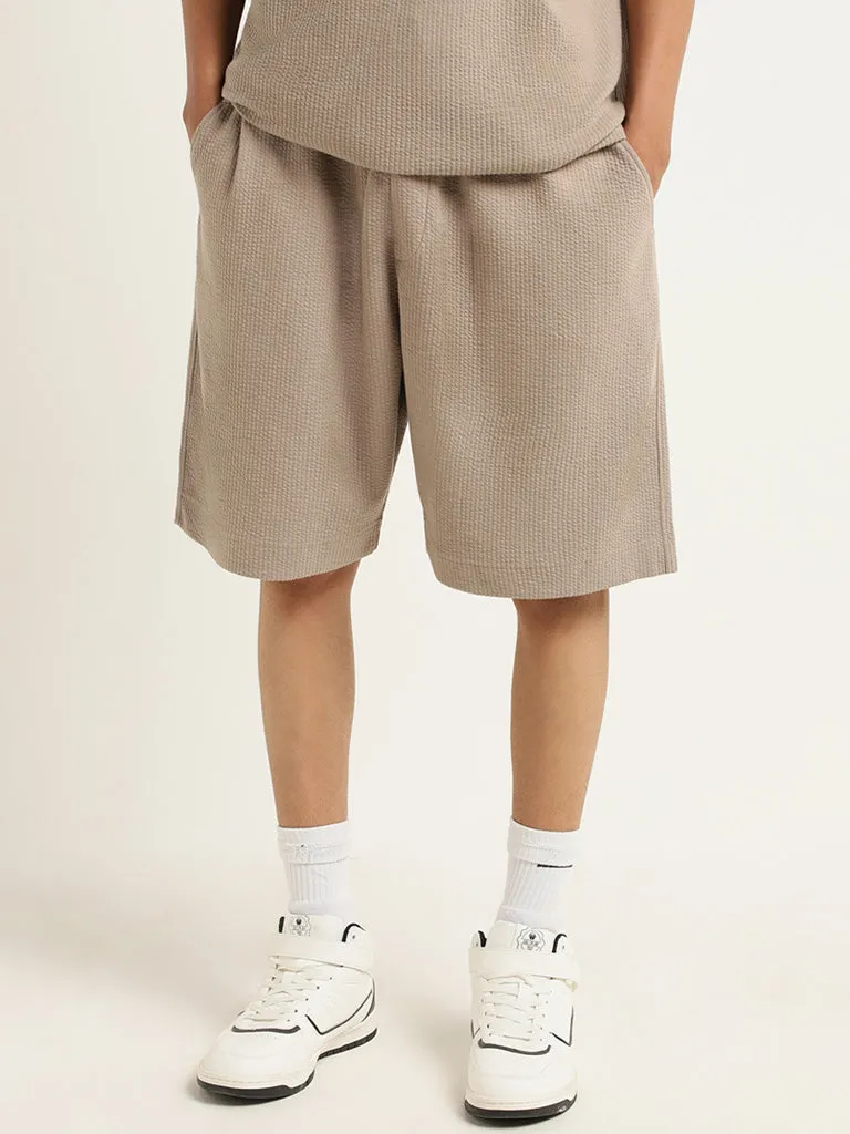 Studiofit Beige Solid Cotton Blend Relaxed Fit Shorts