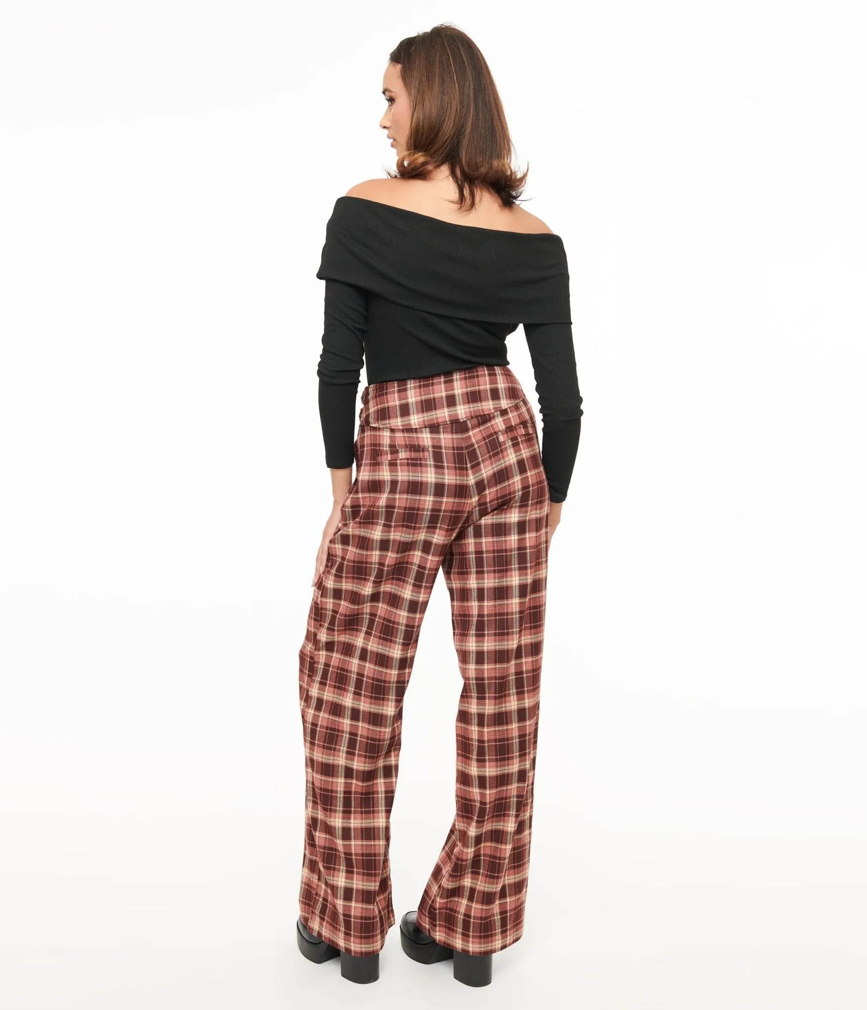 Unique Vintage Burgundy Plaid Double Belt Woven Pants