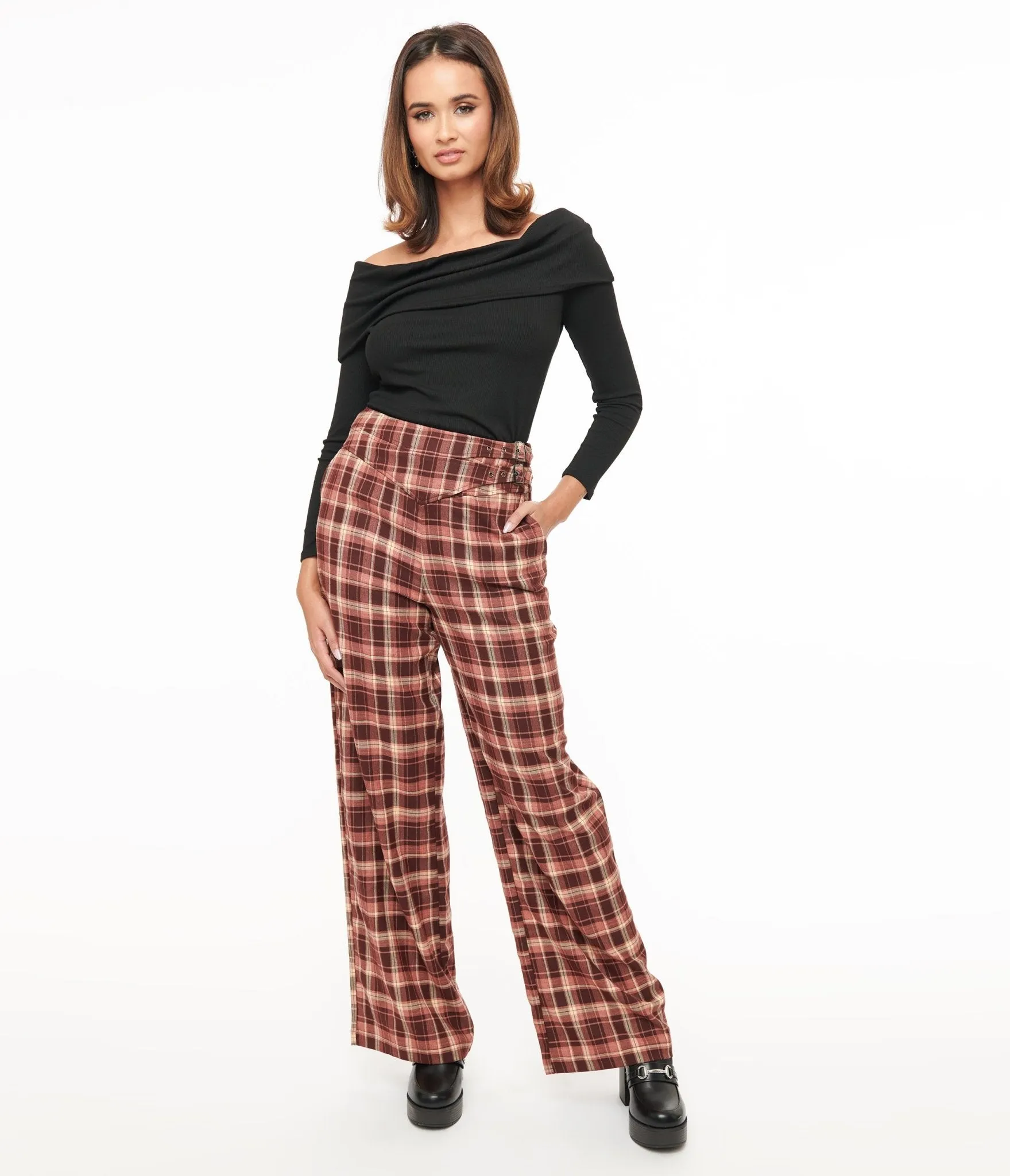 Unique Vintage Burgundy Plaid Double Belt Woven Pants